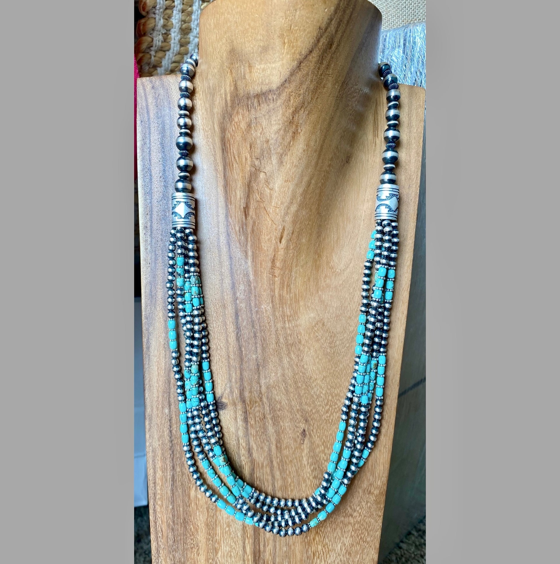 Navajo Made #8 Turquoise & Sterling Silver Multi Strand Pearl Necklace