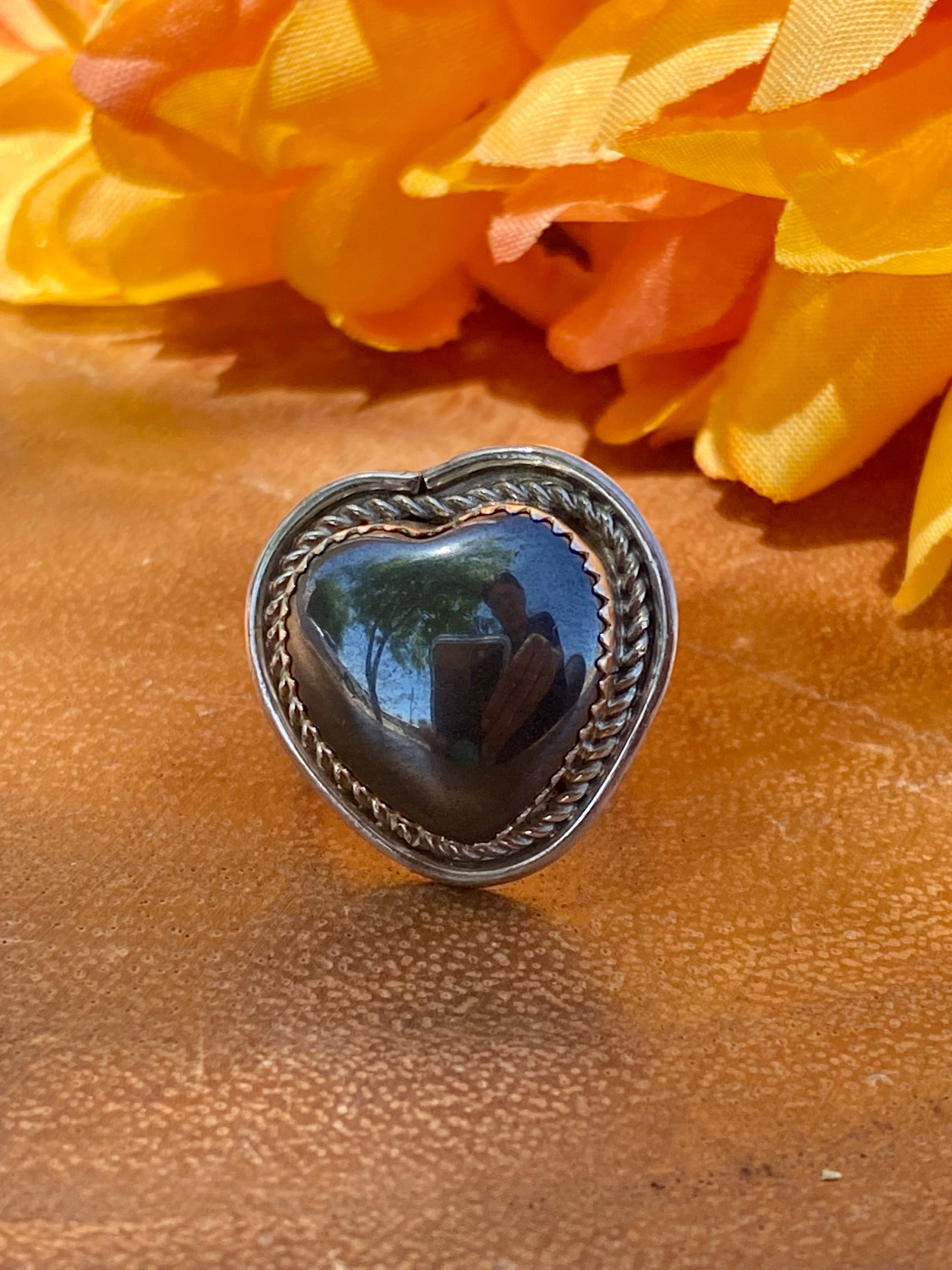 Reda Galvan Black Obsidian & Sterling Silver Heart Ring Size 6.75