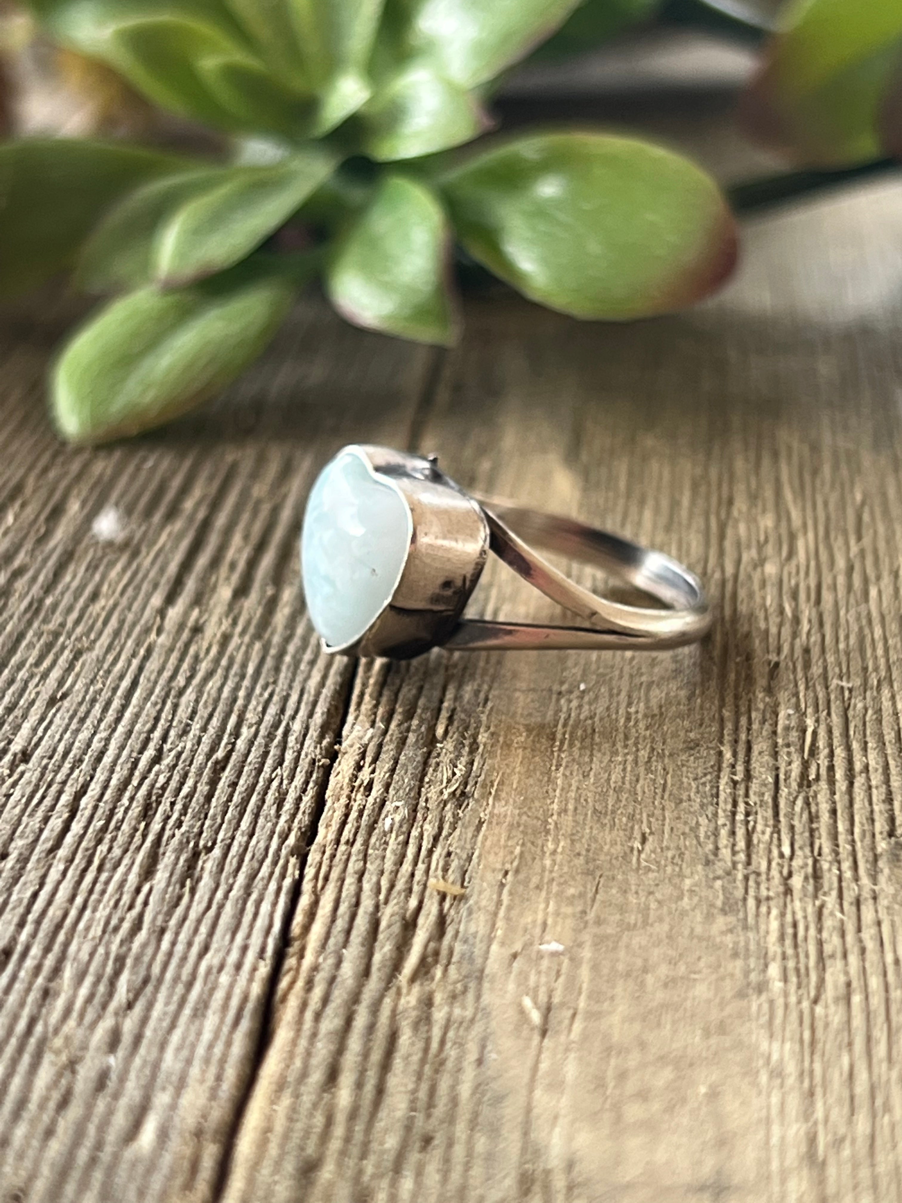 Navajo Made Larimar & Sterling Silver Heart Ring Size 7.5