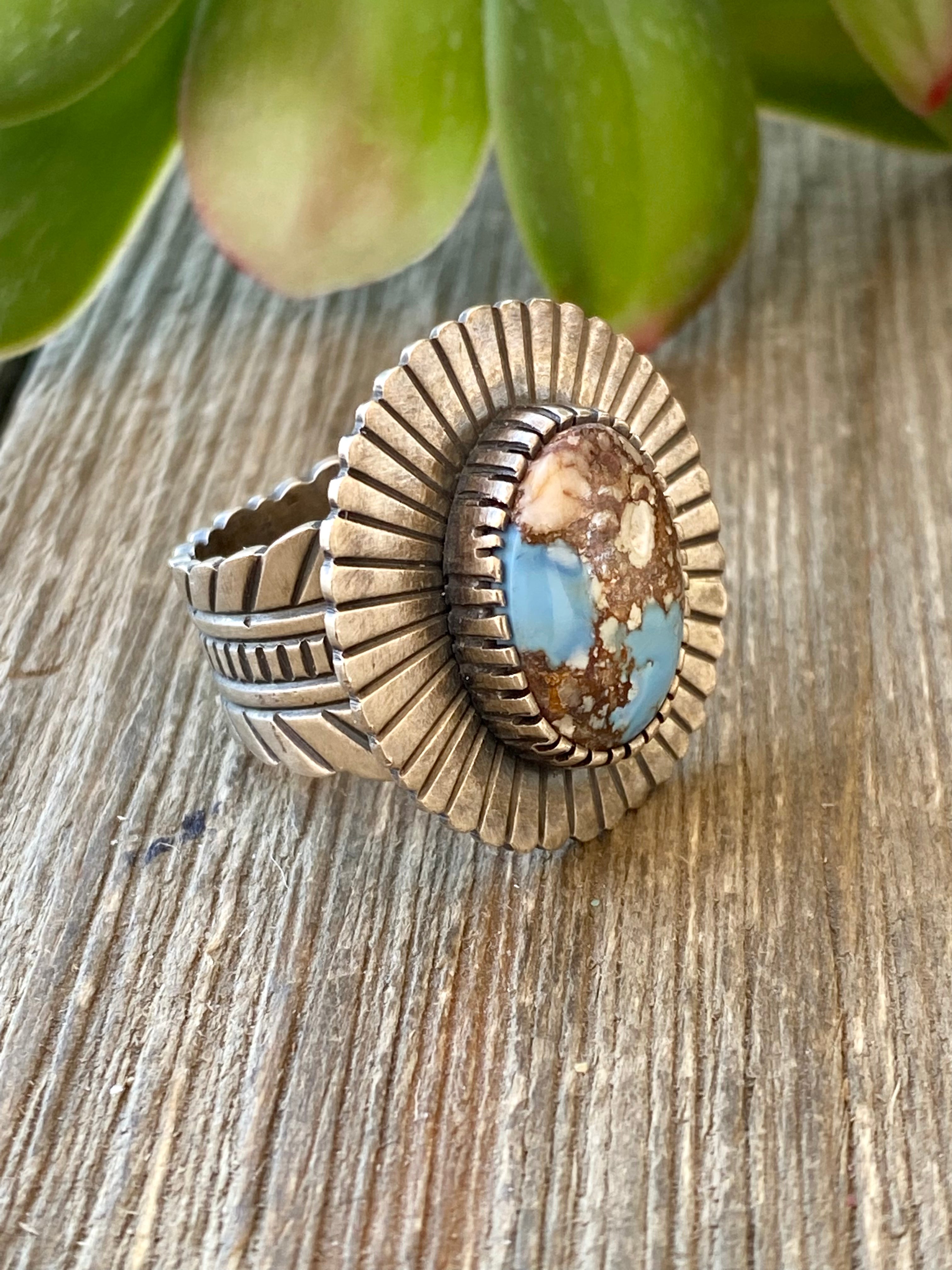 Navajo Made Golden Hill’s Turquoise & Sterling Silver Ring Size 8