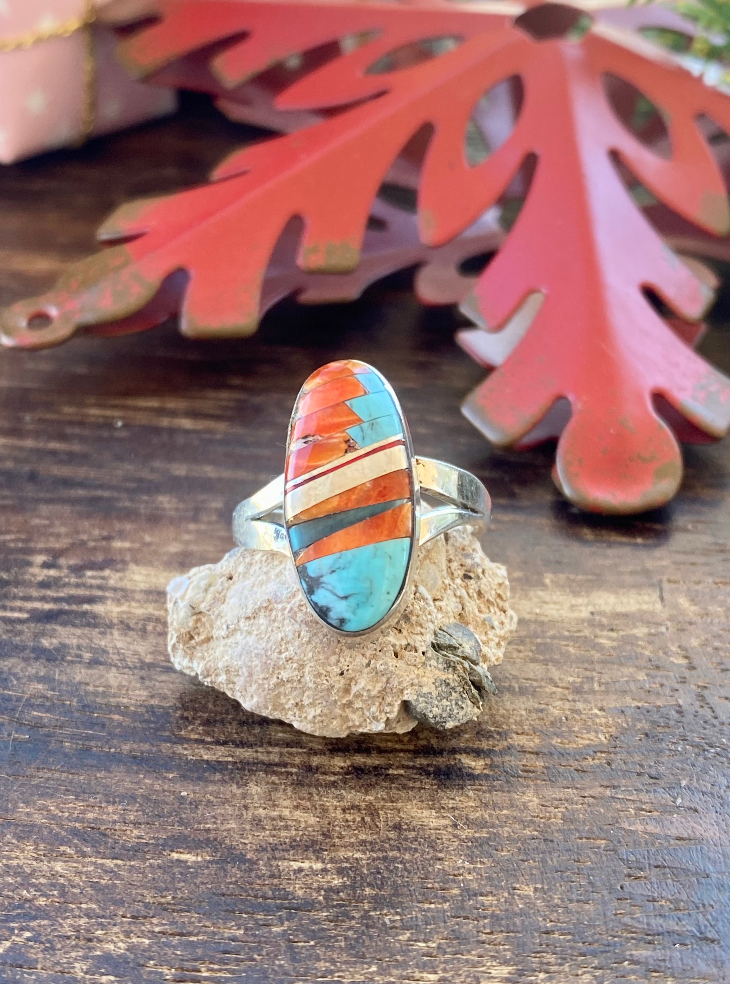 Navajo Made Multi Stone & Sterling Silver Inlay Ring Size 8.25