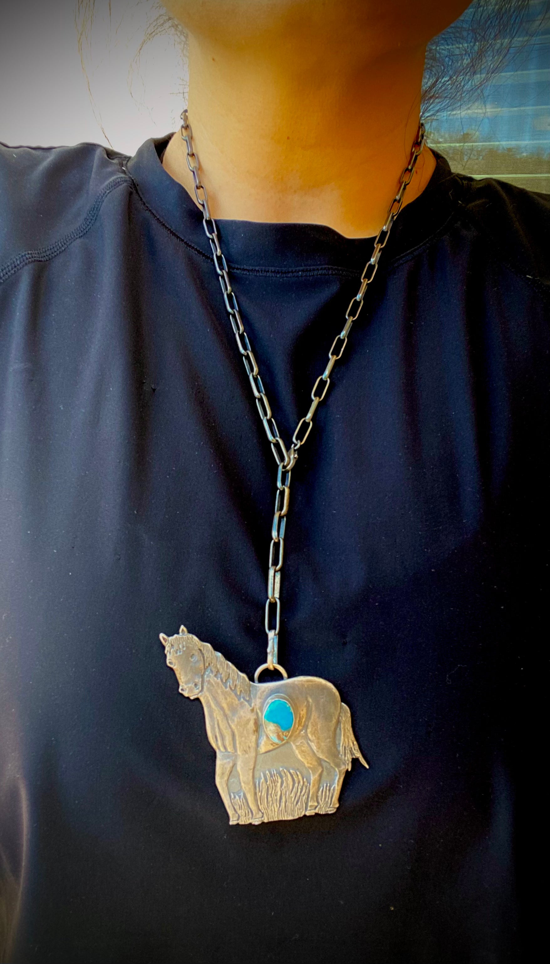 Joe Paul Kingman Turquoise & Sterling Silver Horse Adjustable Necklace