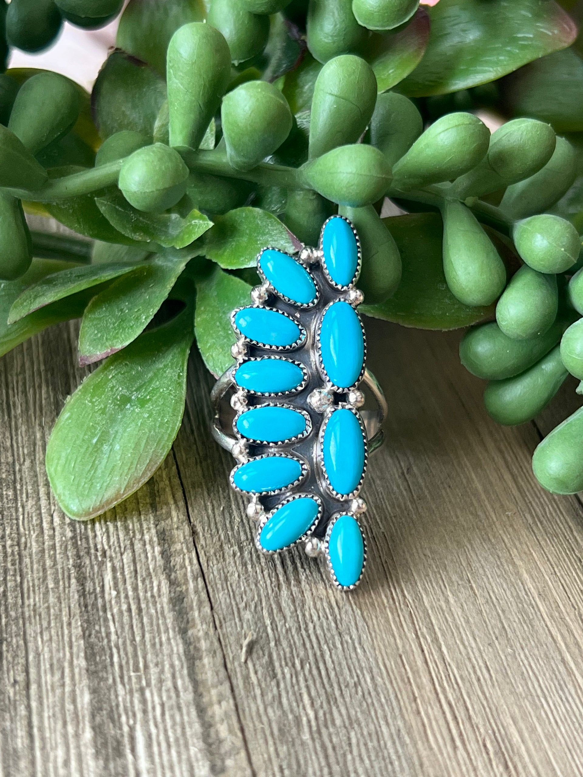 Navajo Made Sleeping Beauty & Sterling Silver Cluster Ring