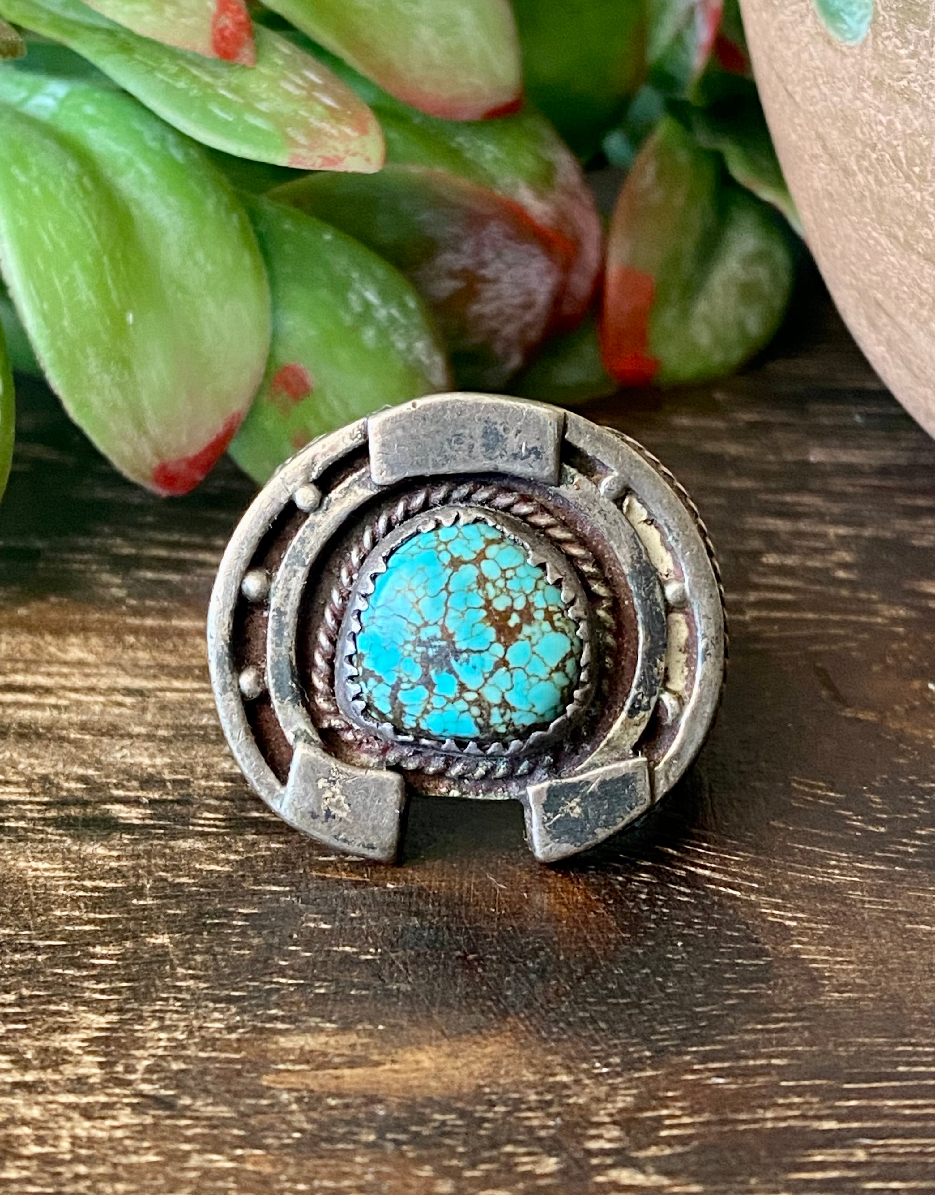 Vintage Navajo Made Turquoise & Sterling Silver Naja Ring Size 12.25