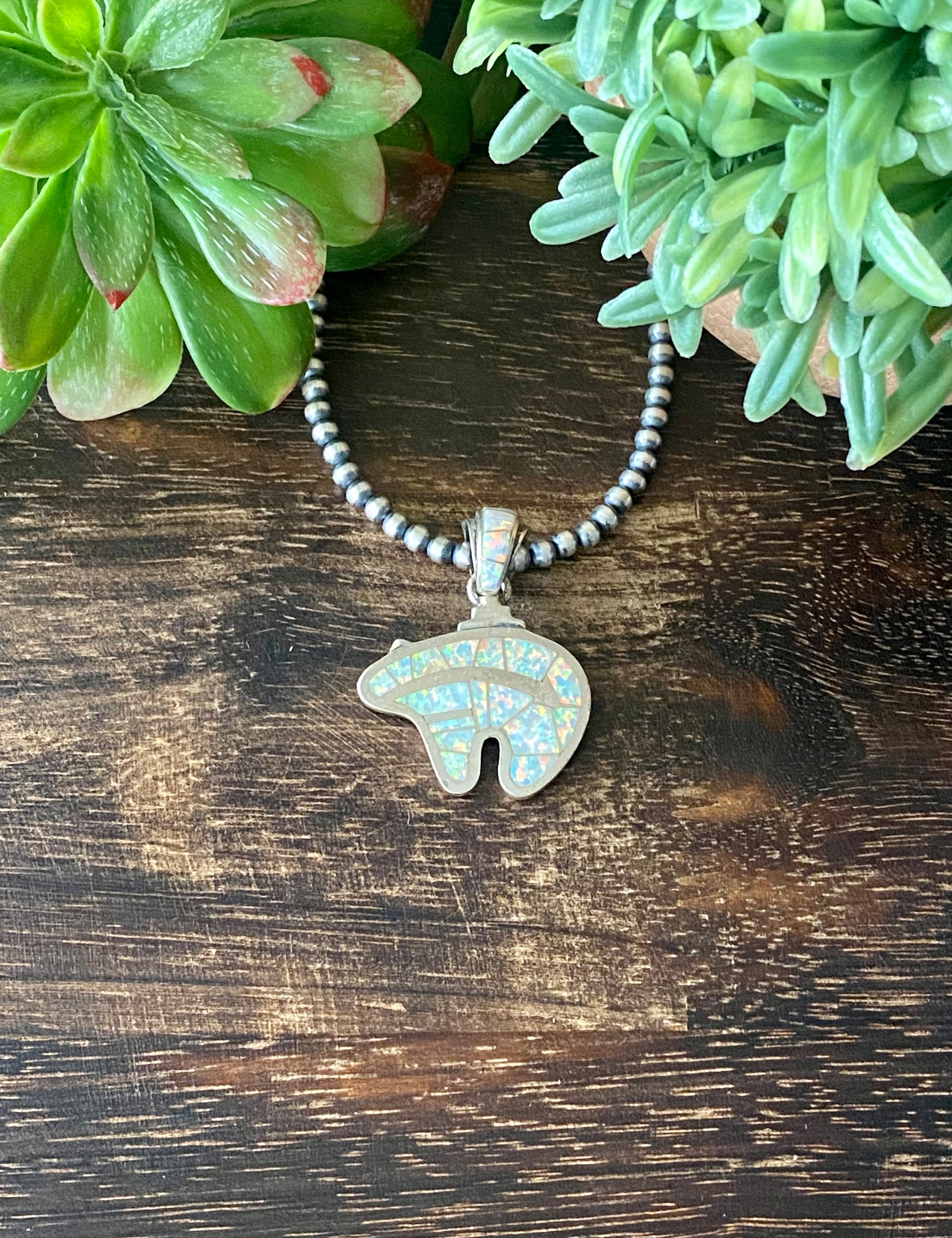 Navajo Made White Opal & Sterling Silver Inlay Bear Pendant