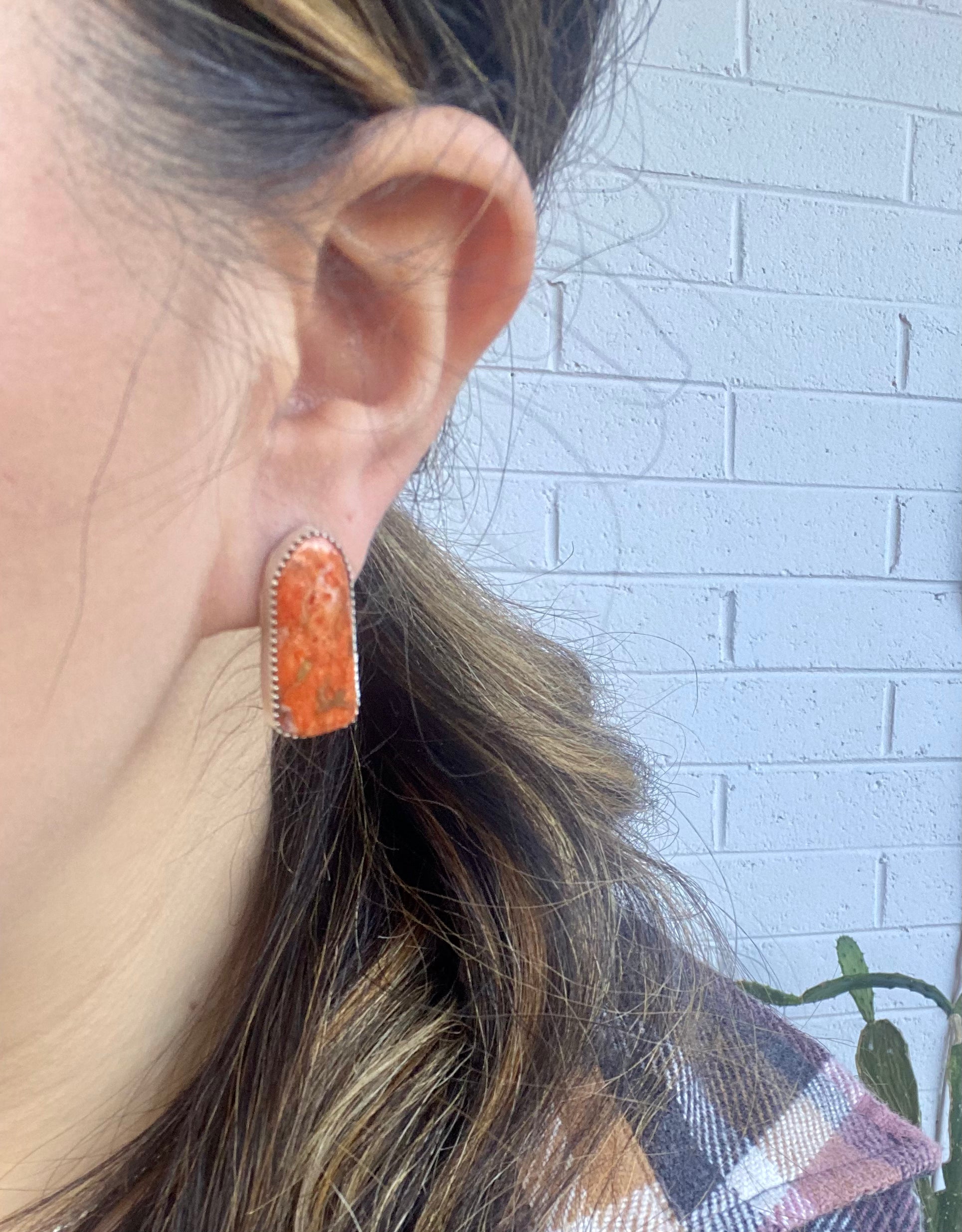 Navajo Made Apple Coral & Sterling Silver Post Earrings