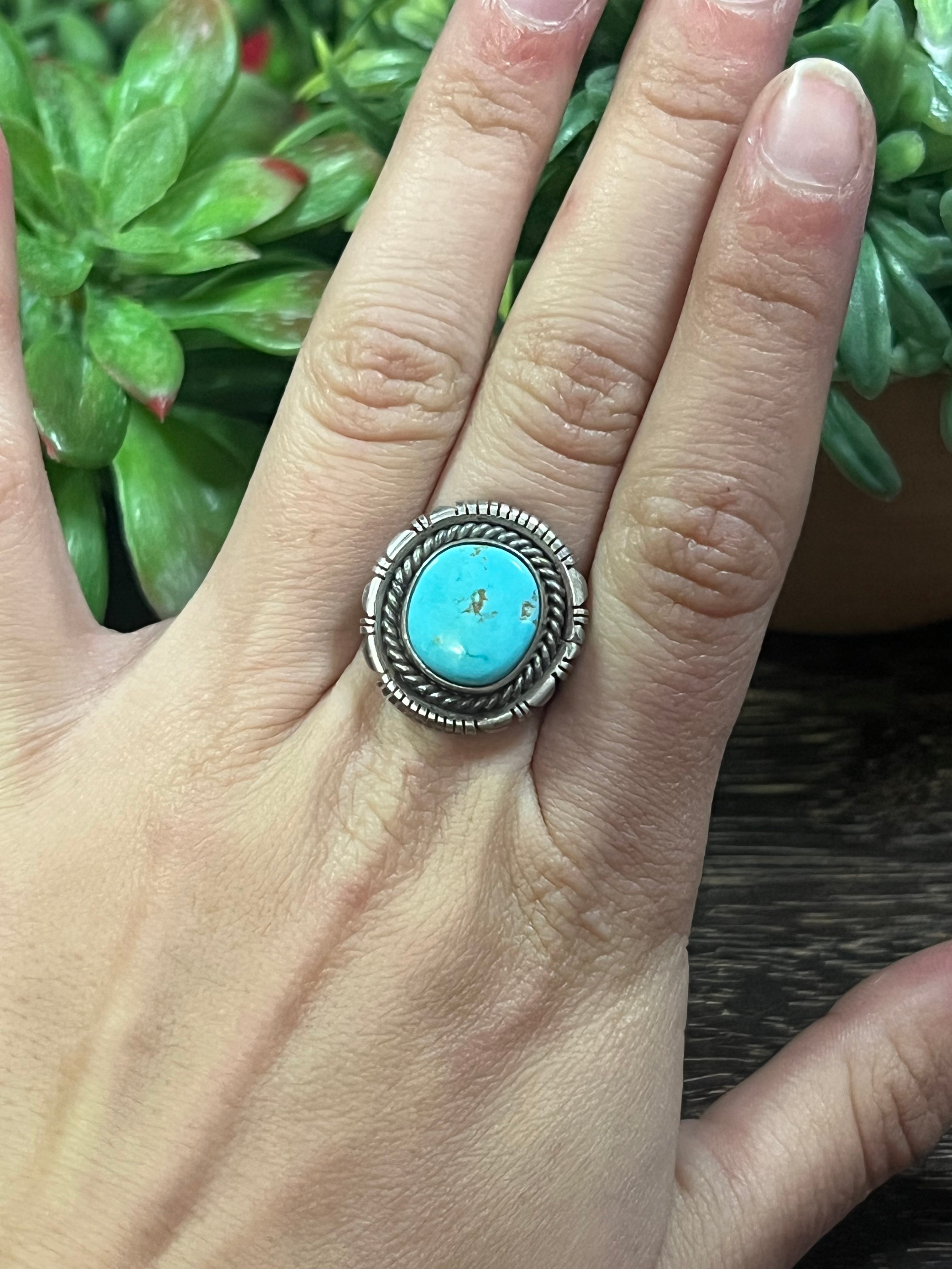 Navajo Made Kingman Turquoise & Sterling Silver Ring Size 8