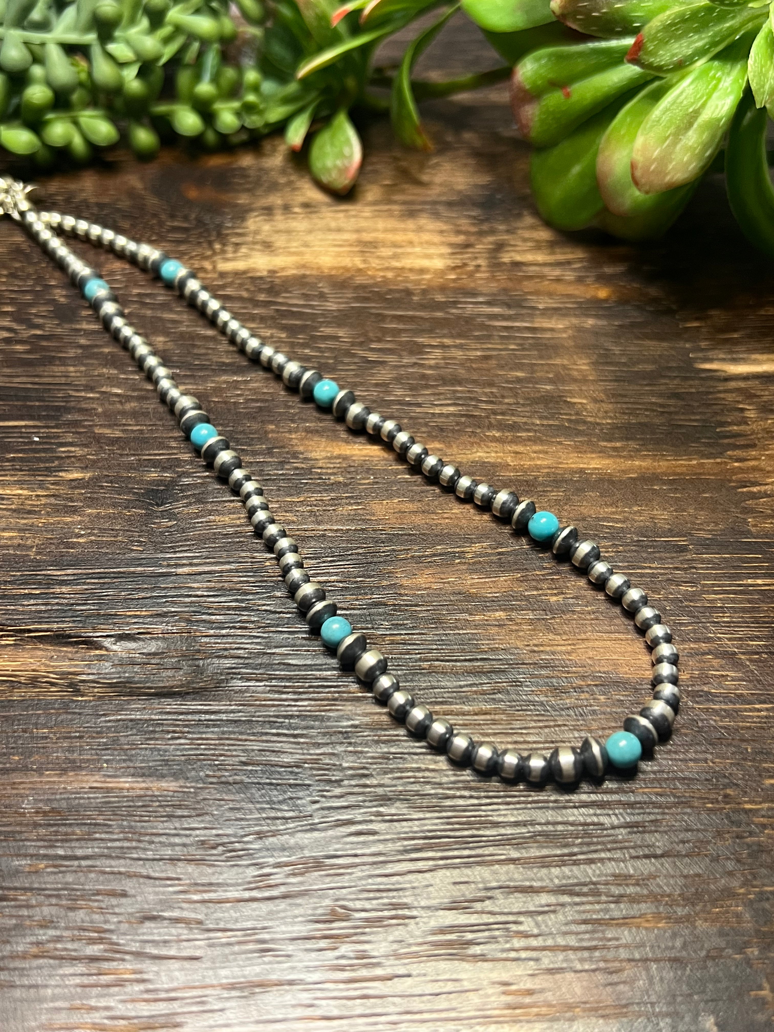 Navajo Strung Royston Turquoise & Sterling Silver Graduated Beaded Pearl Necklace