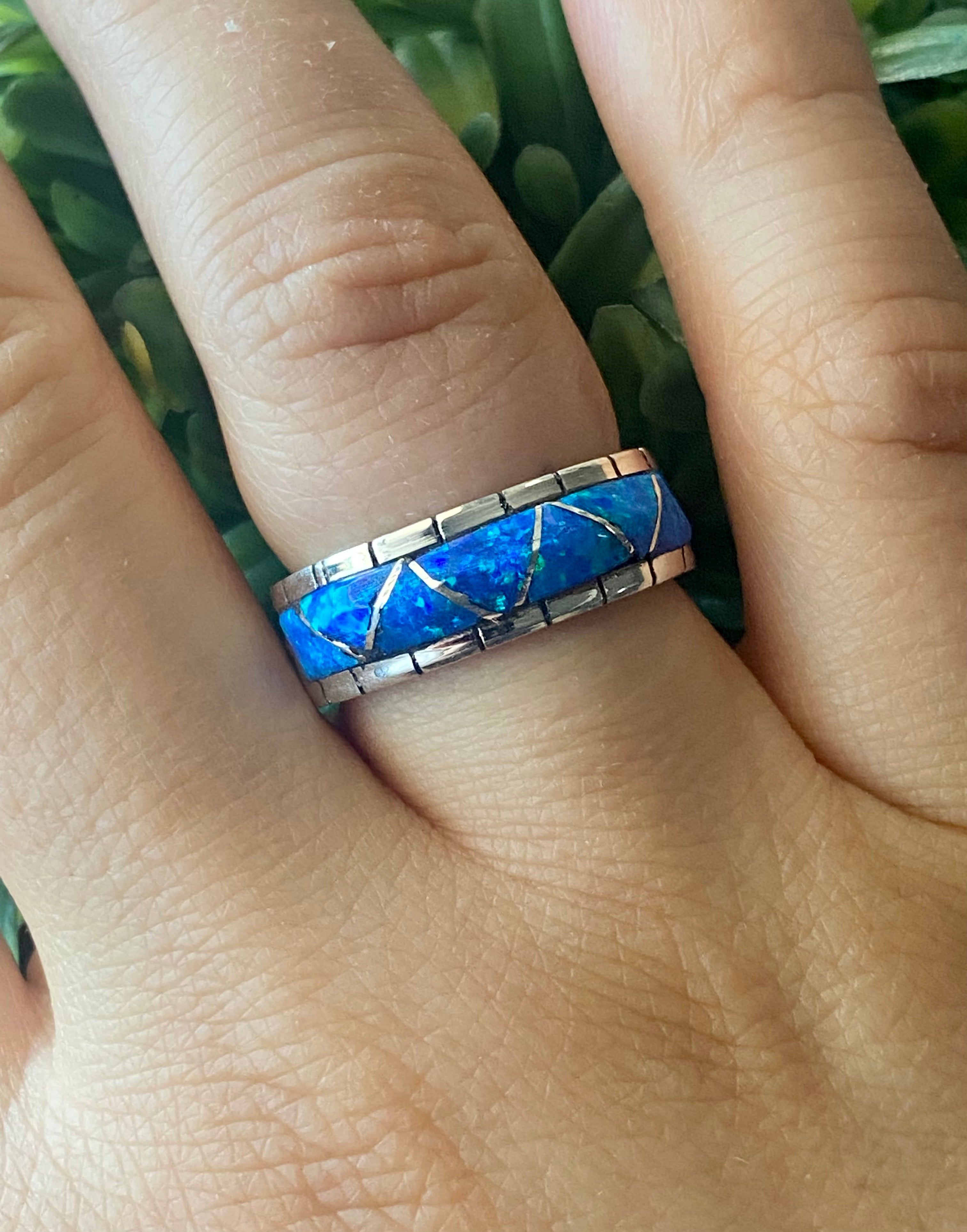 Zuni Made Blue Opal & Sterling Silver Inlay Ring