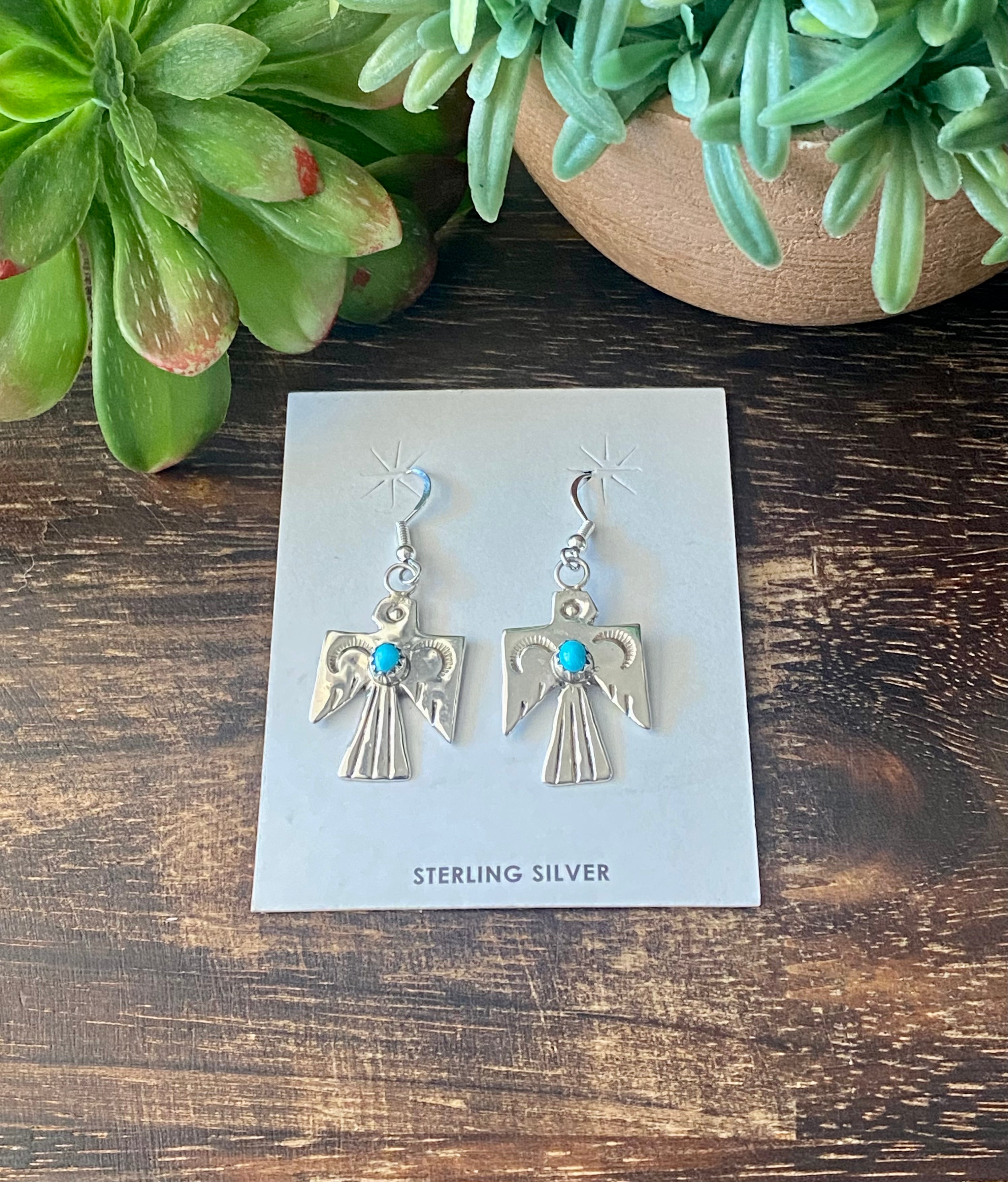 Navajo Made Turquoise & Sterling Silver Thunderbird Dangle Earrings