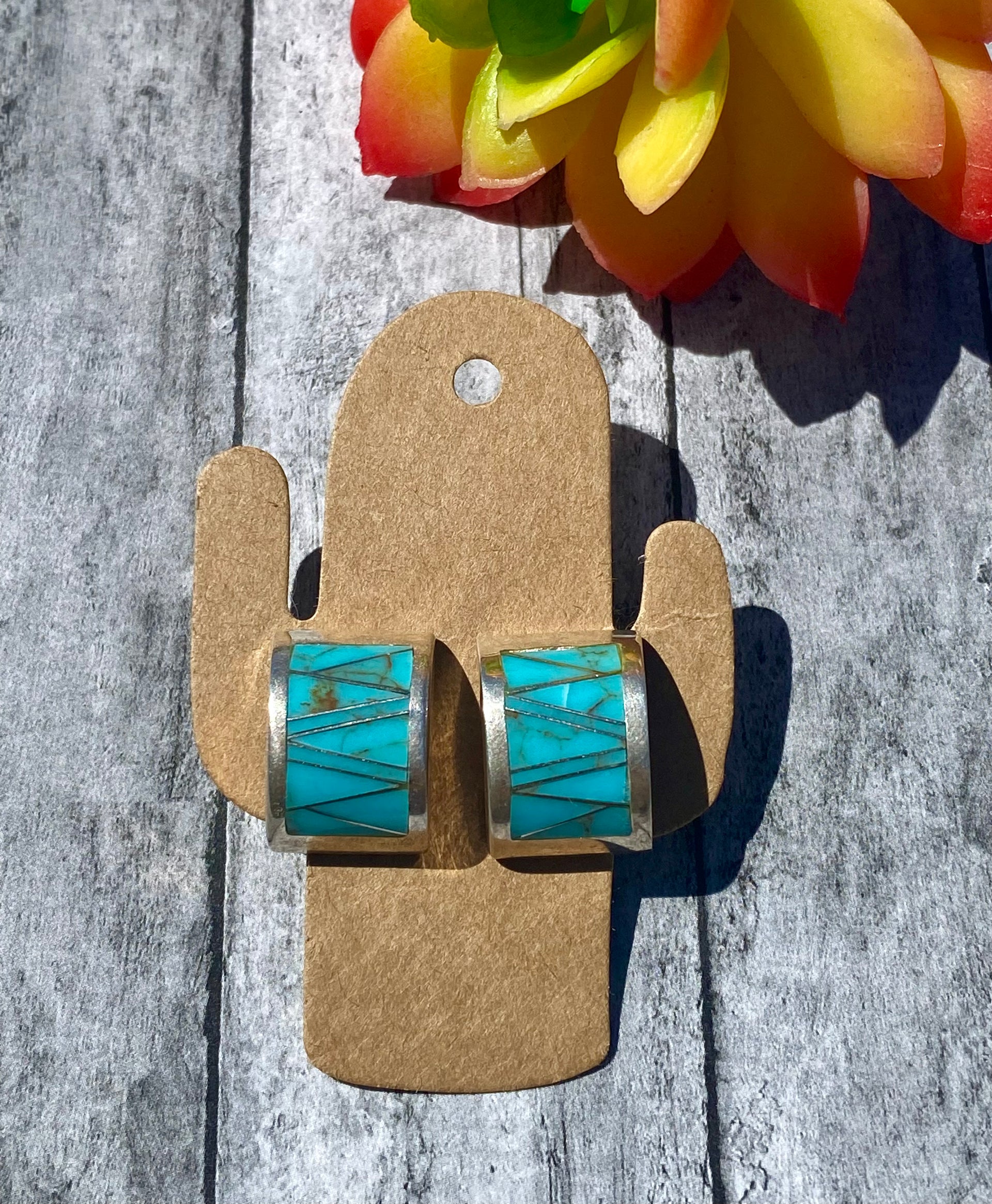 Navajo Made Kingman Turquoise & Sterling Silver Inlay Post Earrings