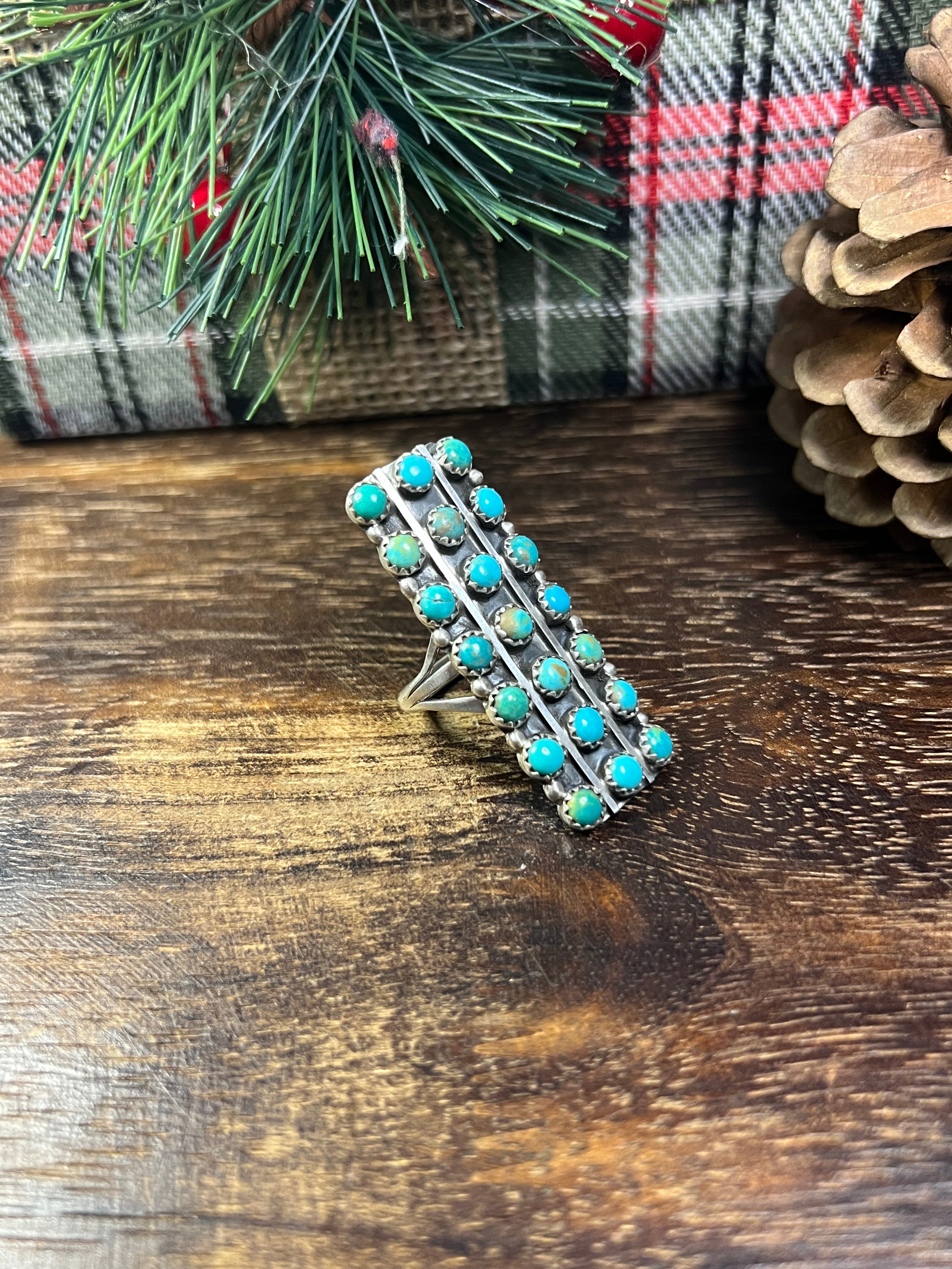 Navajo Made Kingman Turquoise & Sterling Silver Cluster Ring Size 9.5