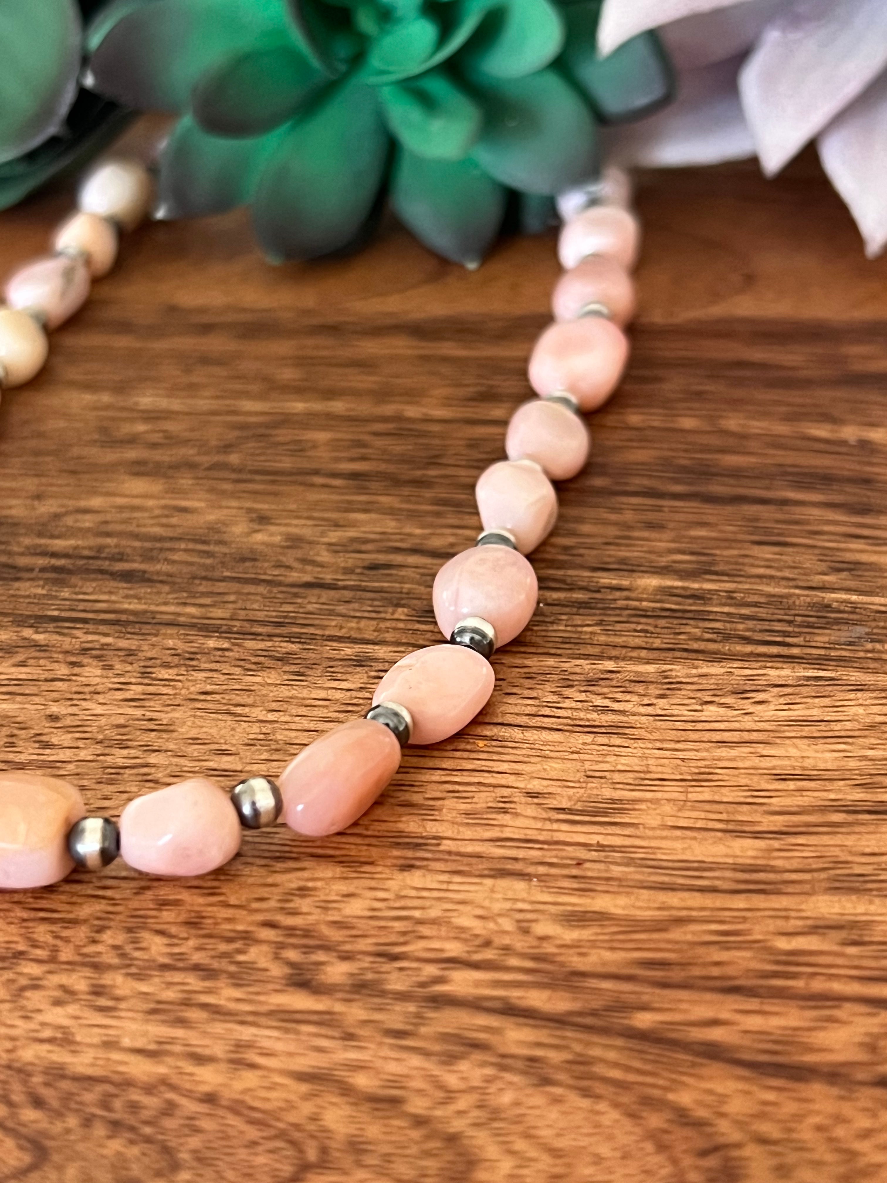 Navajo Made Pink Coral & Sterling Silver 4 MM 23 Inch Pearl Necklace