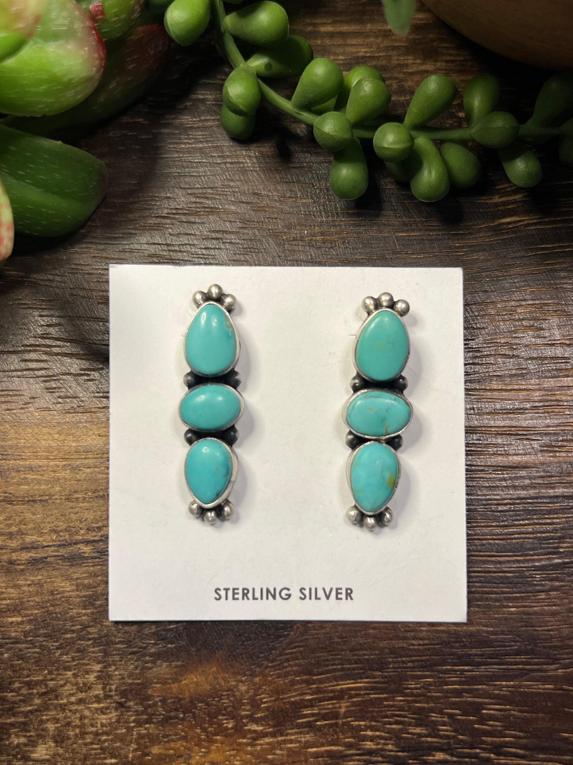 Navajo Made Royston Turquoise & Sterling Silver Post Dangle Earrings