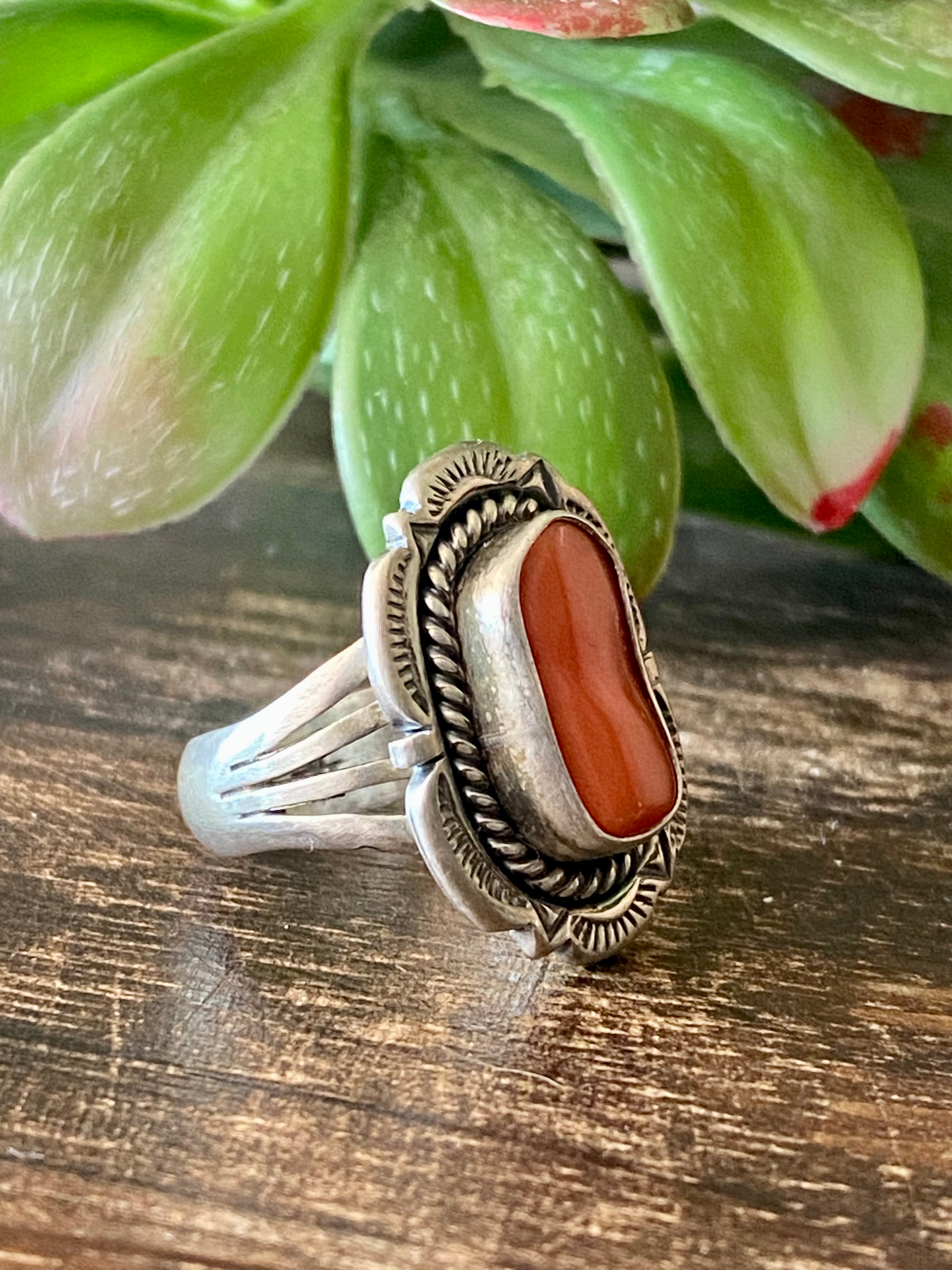 Navajo Made Coral & Sterling Silver Ring Size 6.25