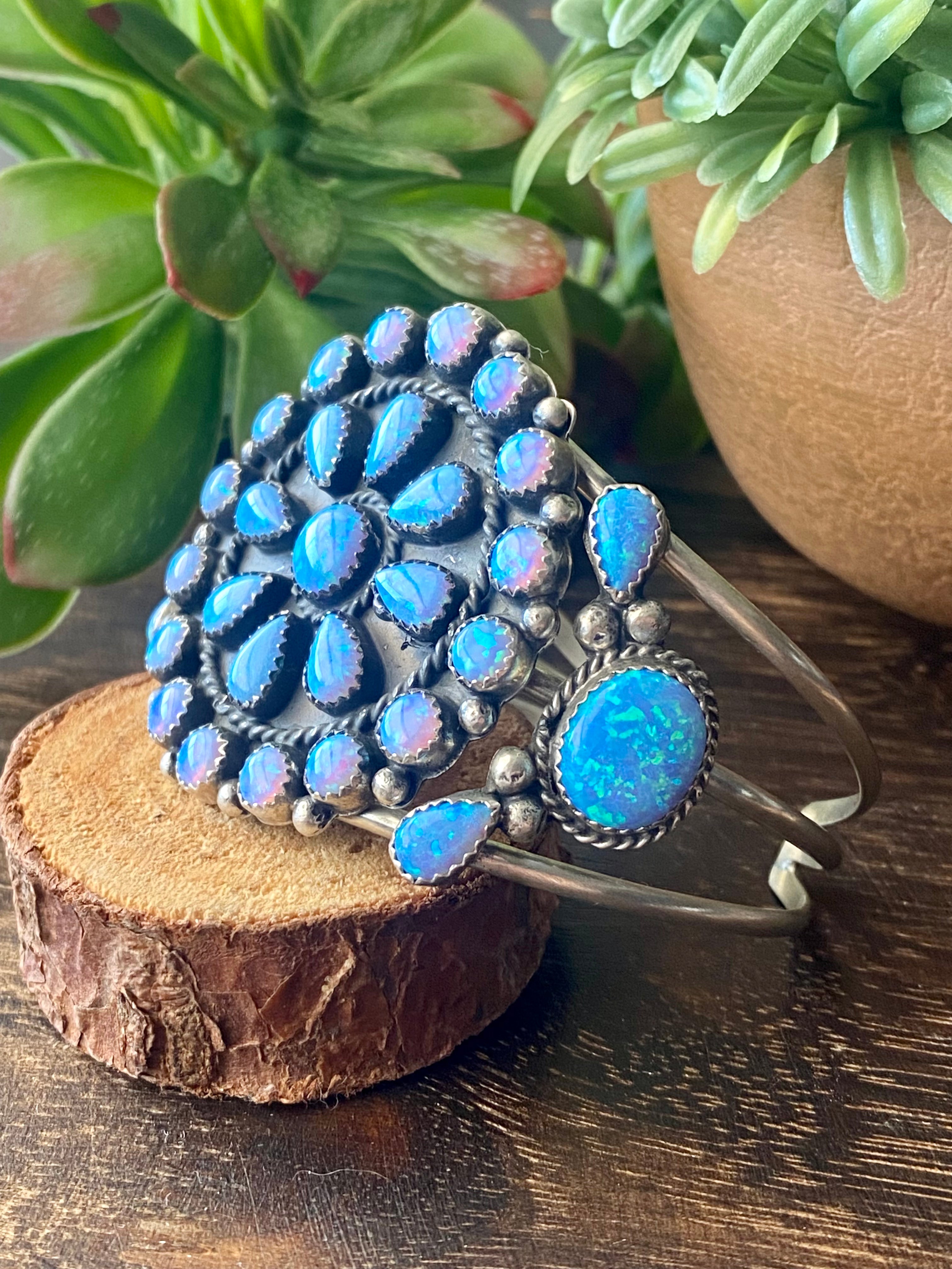 Navajo Made Blue Opal & Sterling Silver Cuff Bracelet