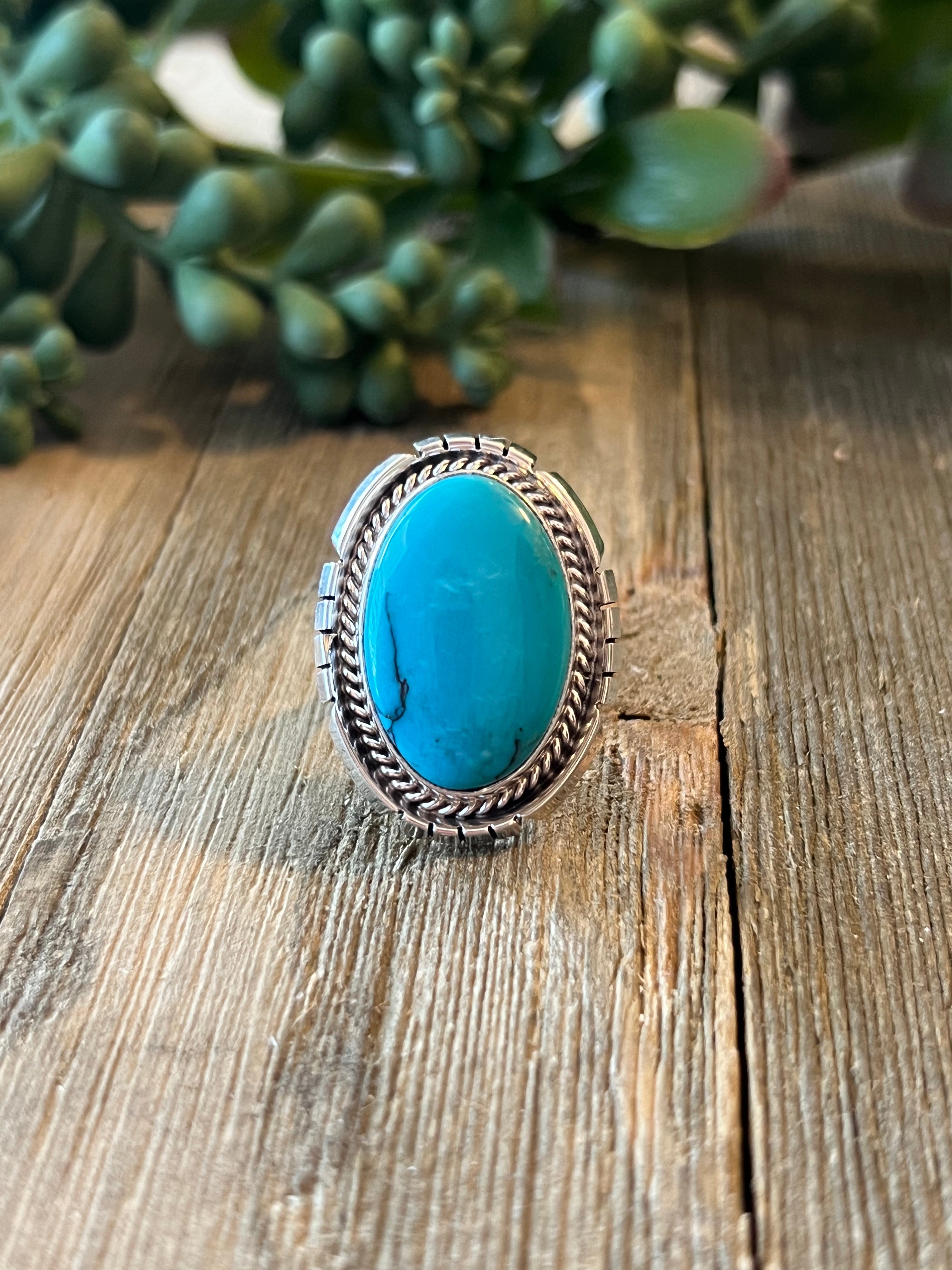 Navajo Made Kingman Turquoise & Sterling Silver Ring Size 6.75