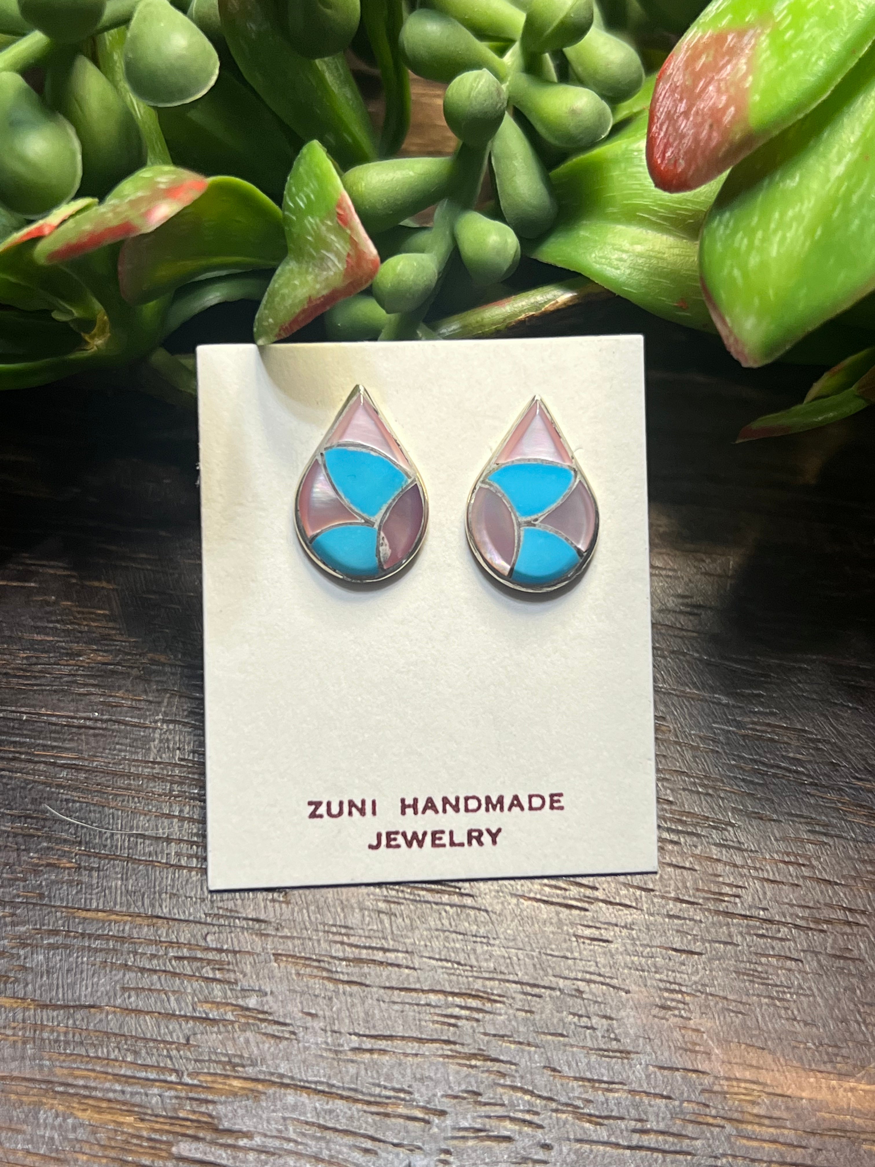 Zuni Made Multi Stone & Sterling Silver Inlay Post Earrings