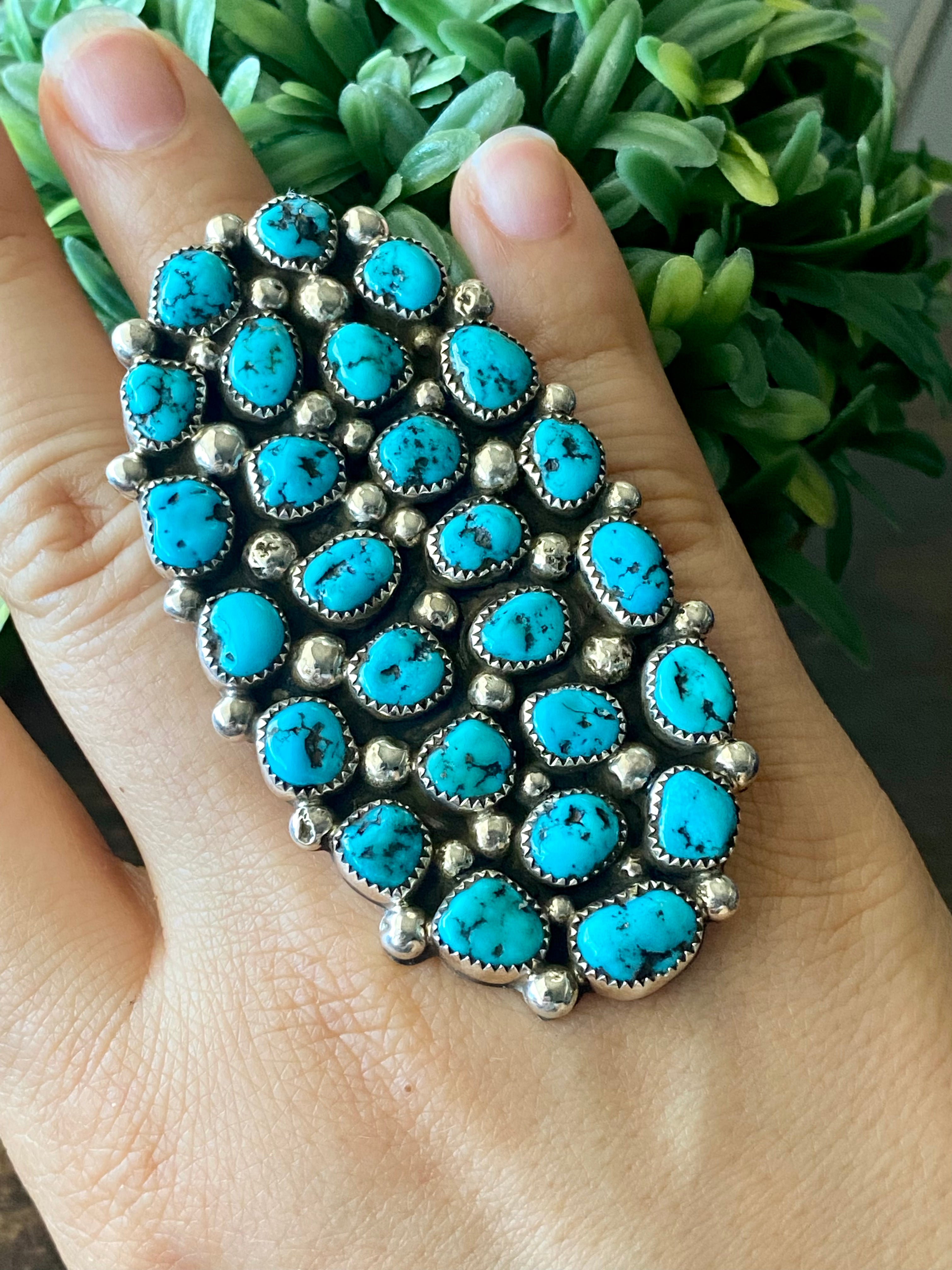 Darlene Begay Kingman Turquoise & Sterling Silver Ring Size 11