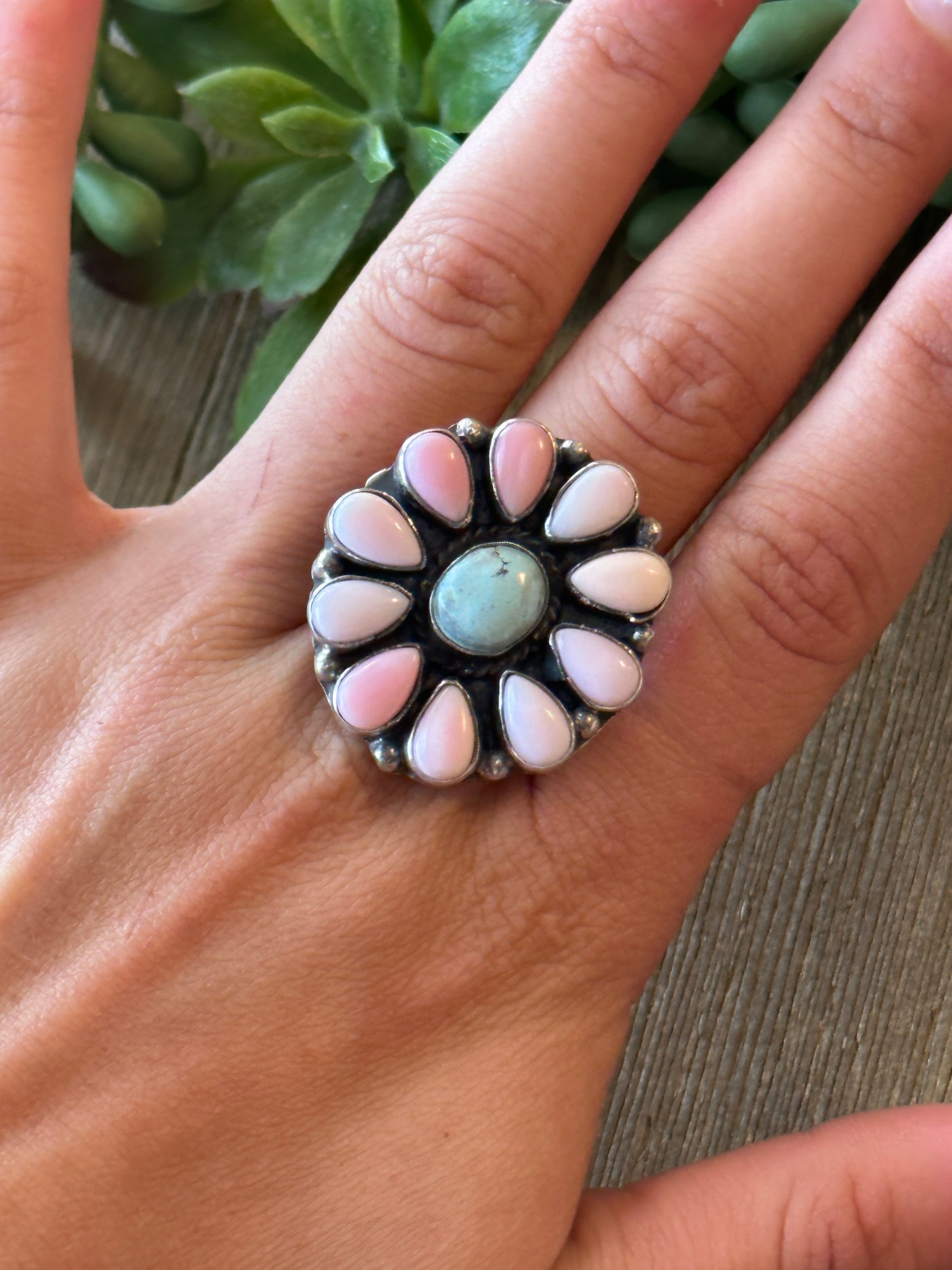 Navajo Made Golden Hill & Pink Conch & Sterling Silver Adjustable Cluster Ring