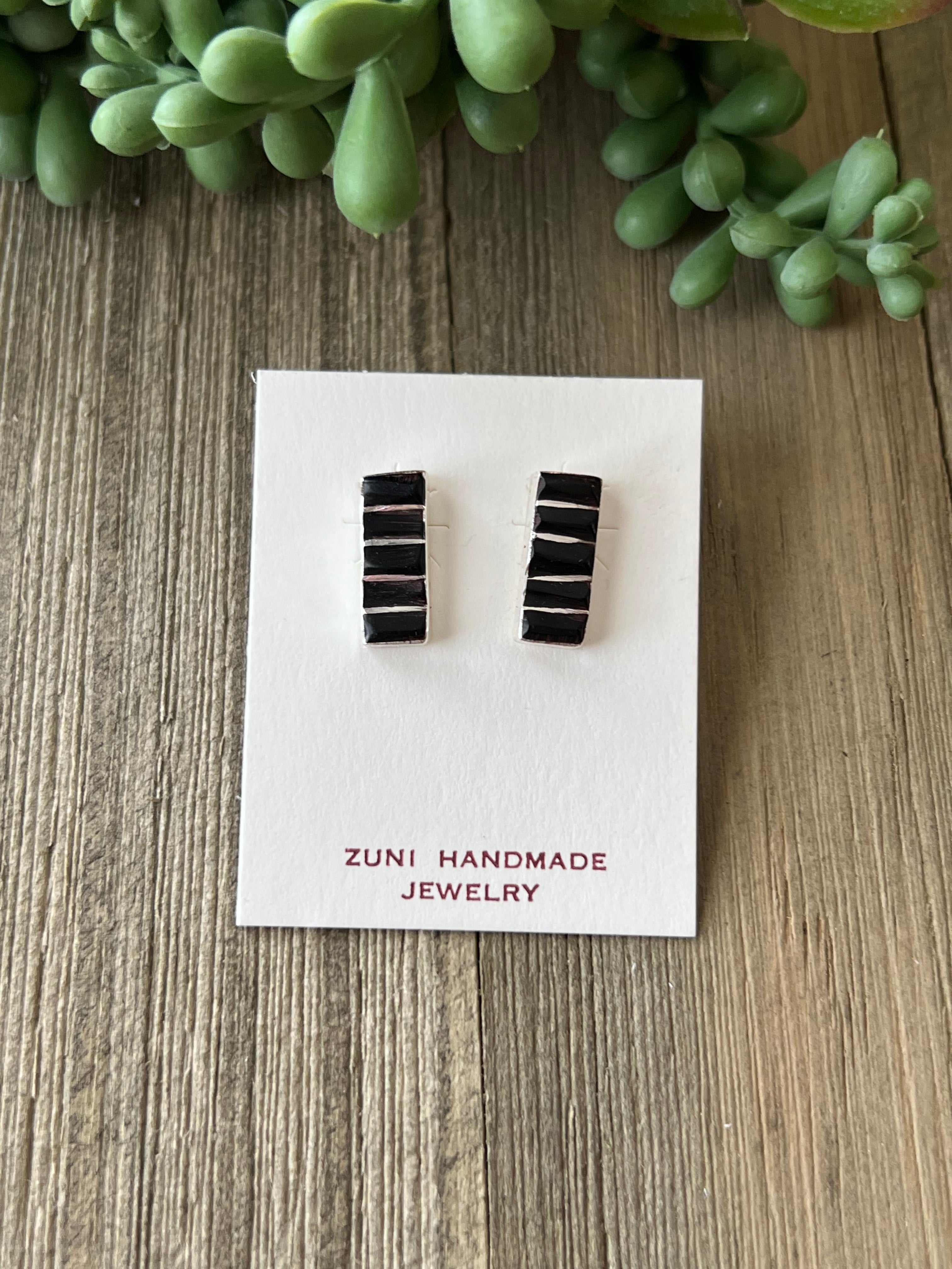 Zuni Made Black Opal(Man-Made) & Sterling Silver Post Earrings