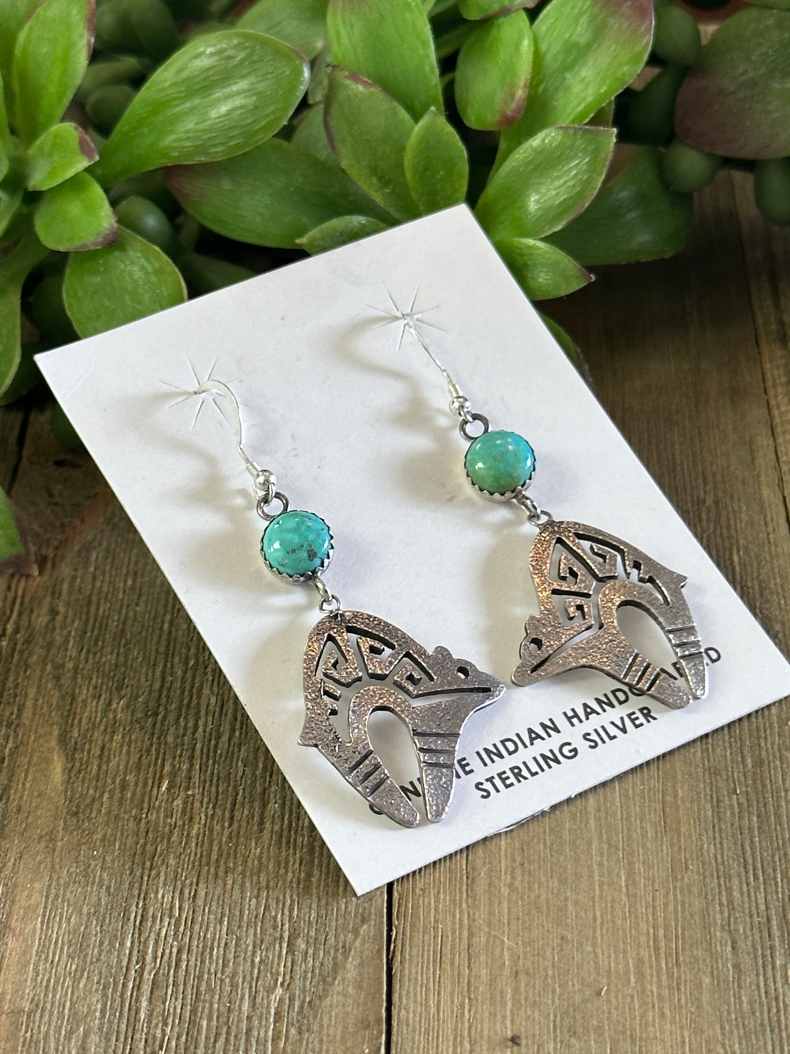 Navajo Made Kingman Turquoise & Sterling Silver Bear Dangle Earrings