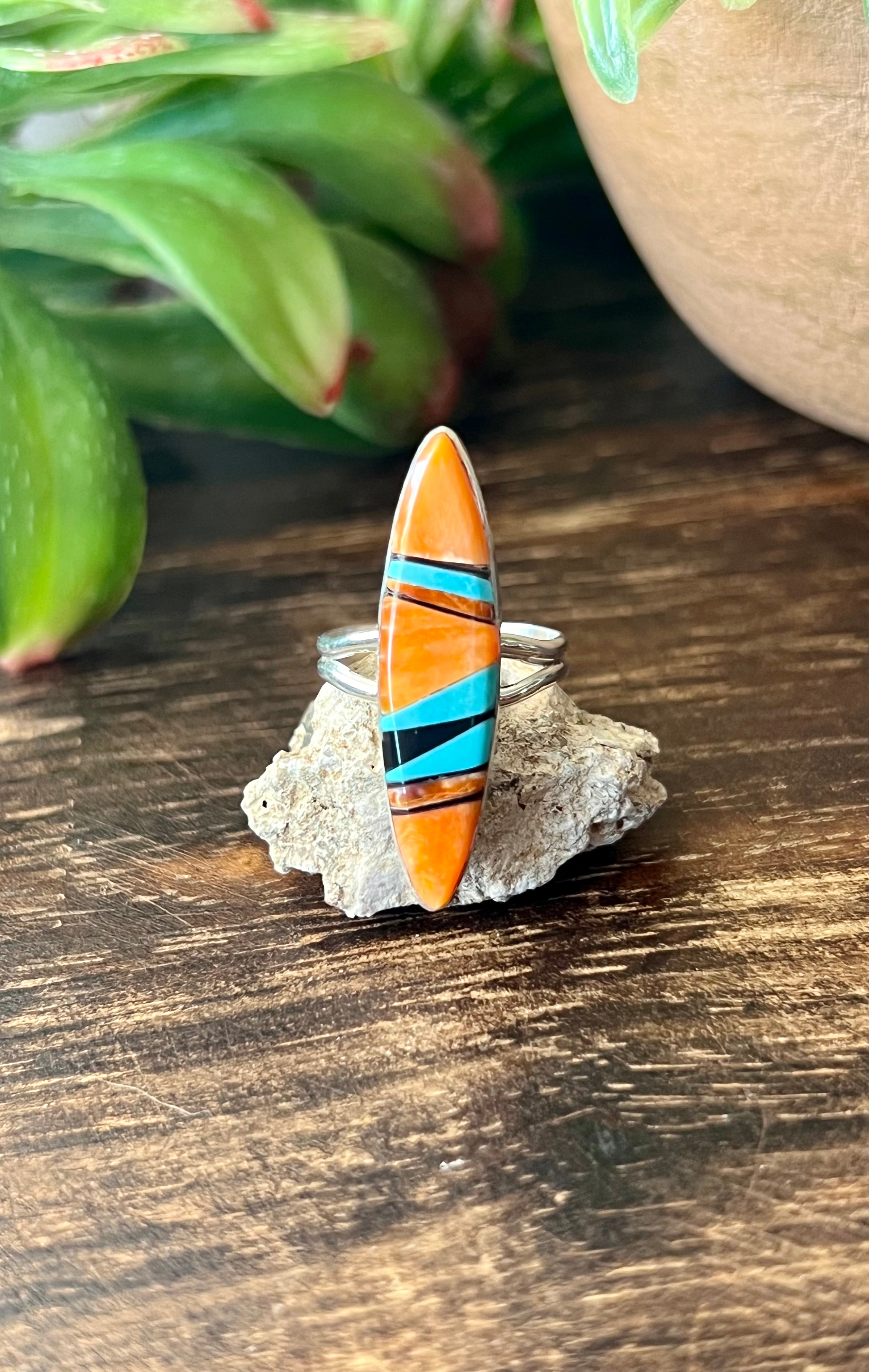 Navajo Made Multi Stone & Sterling Silver Inlay Ring Size 5.5