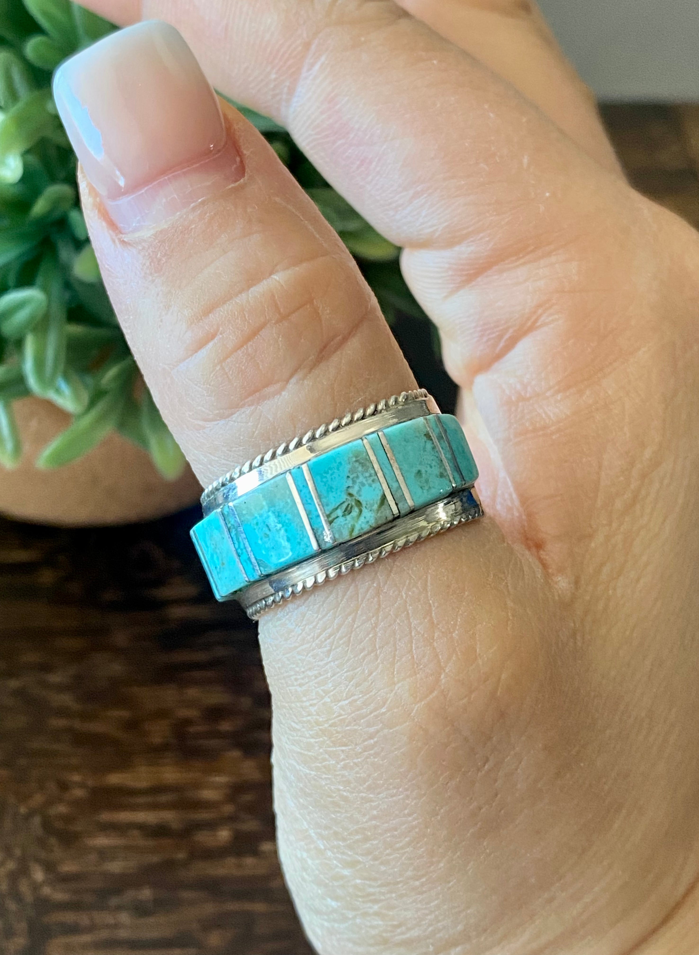 Navajo Made Kingman Turquoise & Sterling Silver Inlay Ring Size 11.5