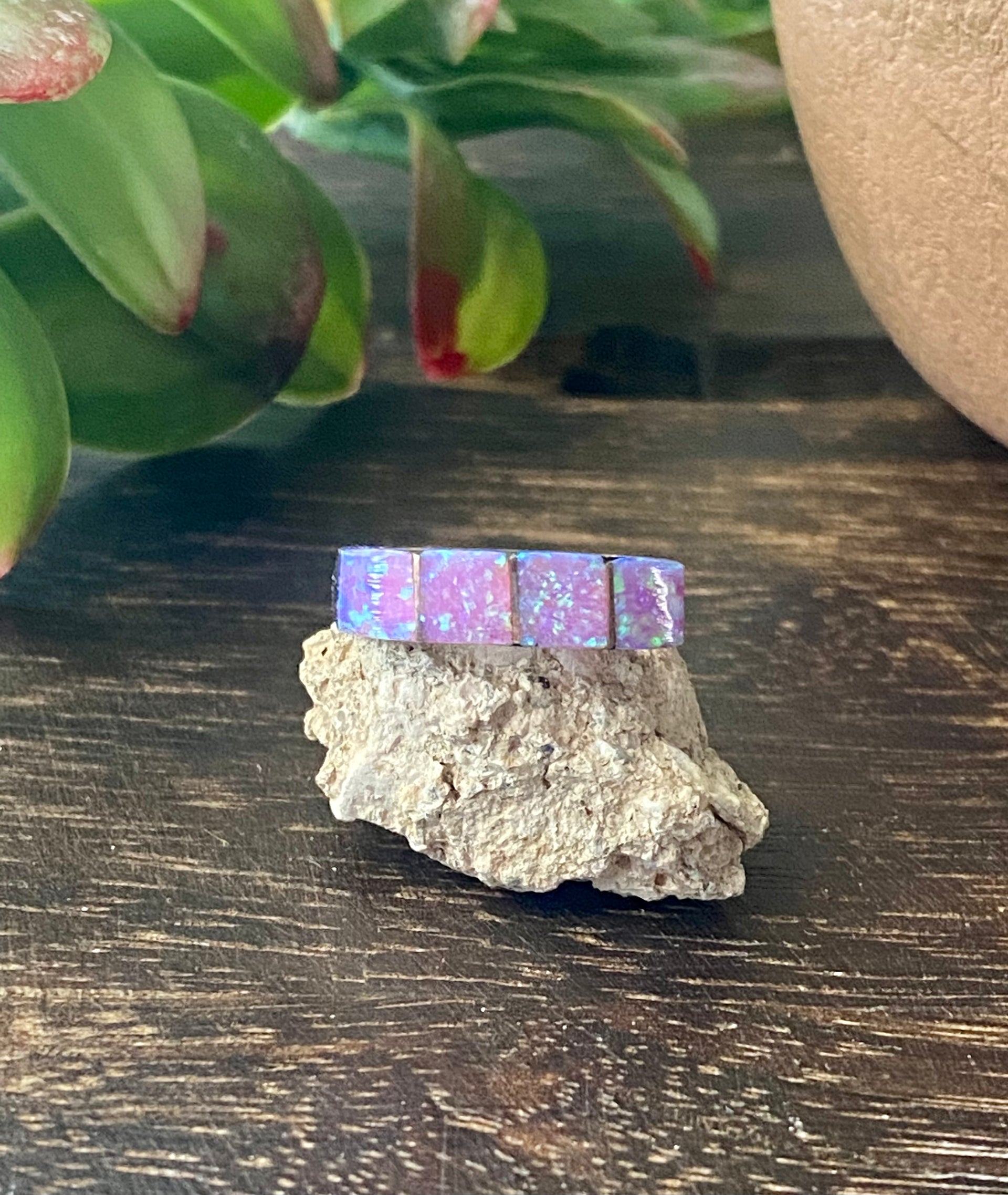 Navajo Made Pink Opal & Sterling Silver Inlay Ring Size 9