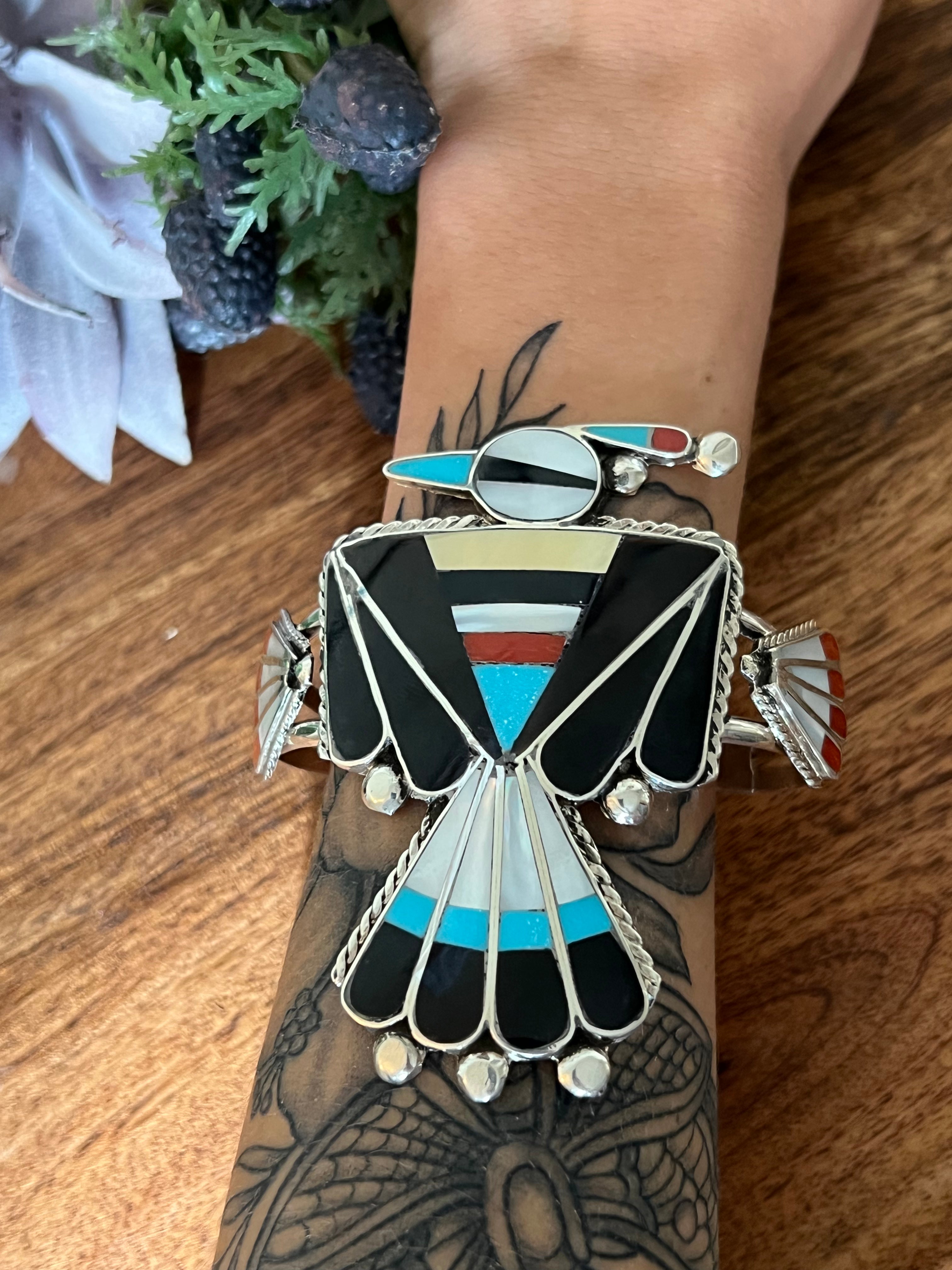 Navajo Made Multi Stone & Sterling Silver Inlay Thunderbird Cuff Bracelet