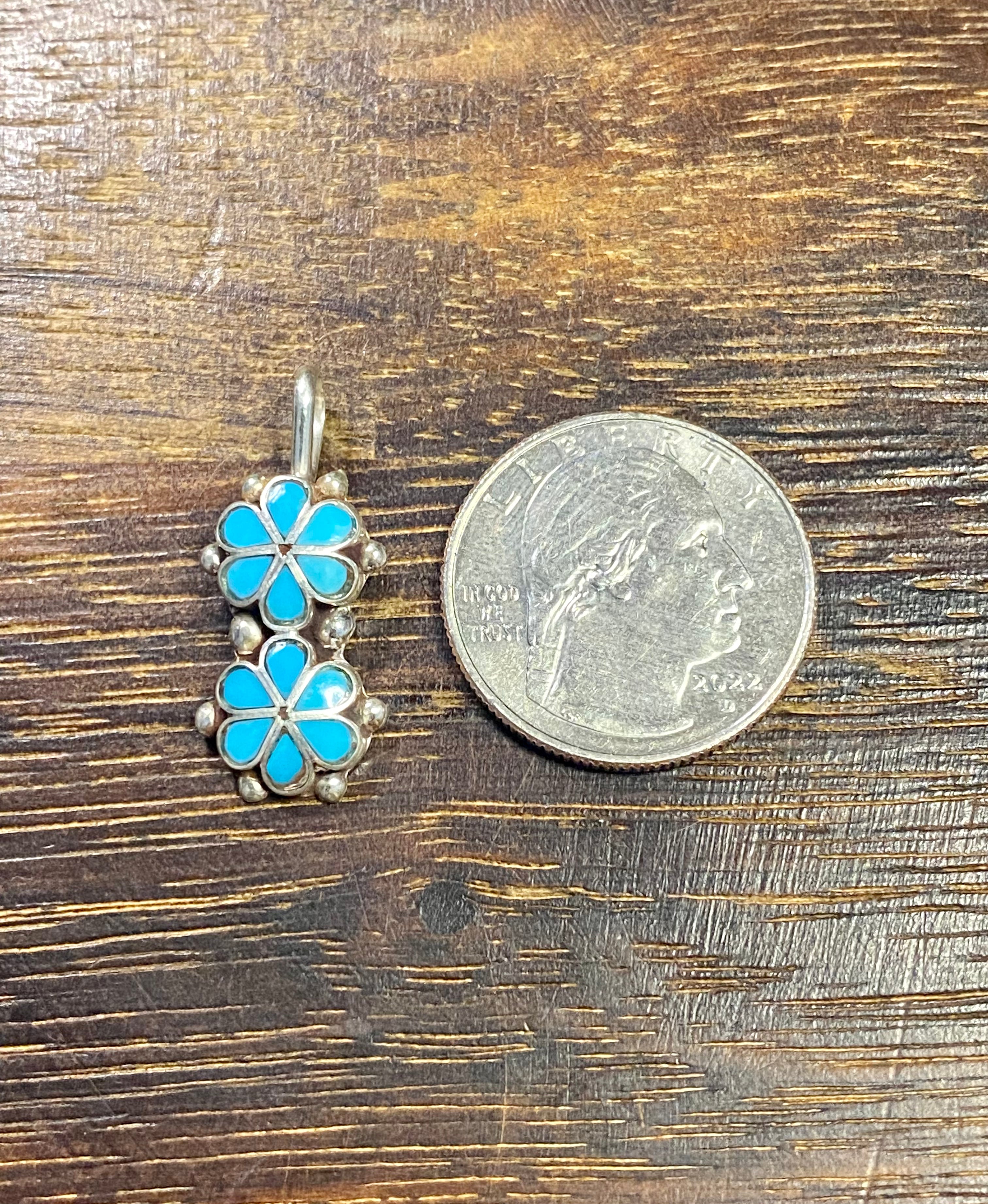 Zuni Made Turquoise & Sterling Silver Inlay Flower Pendant