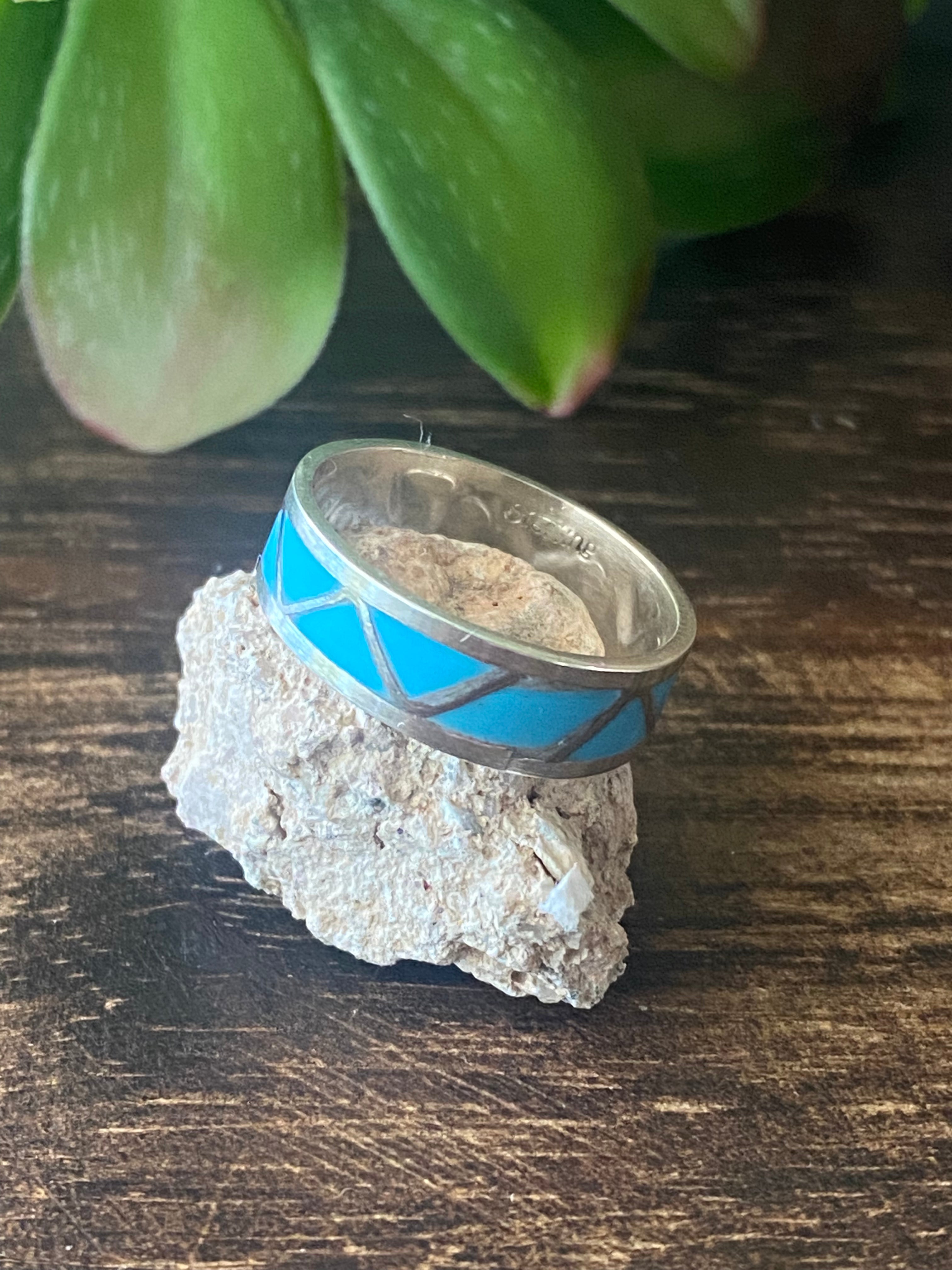 Navajo Made Turquoise & Sterling Silver Inlay Ring Size 6