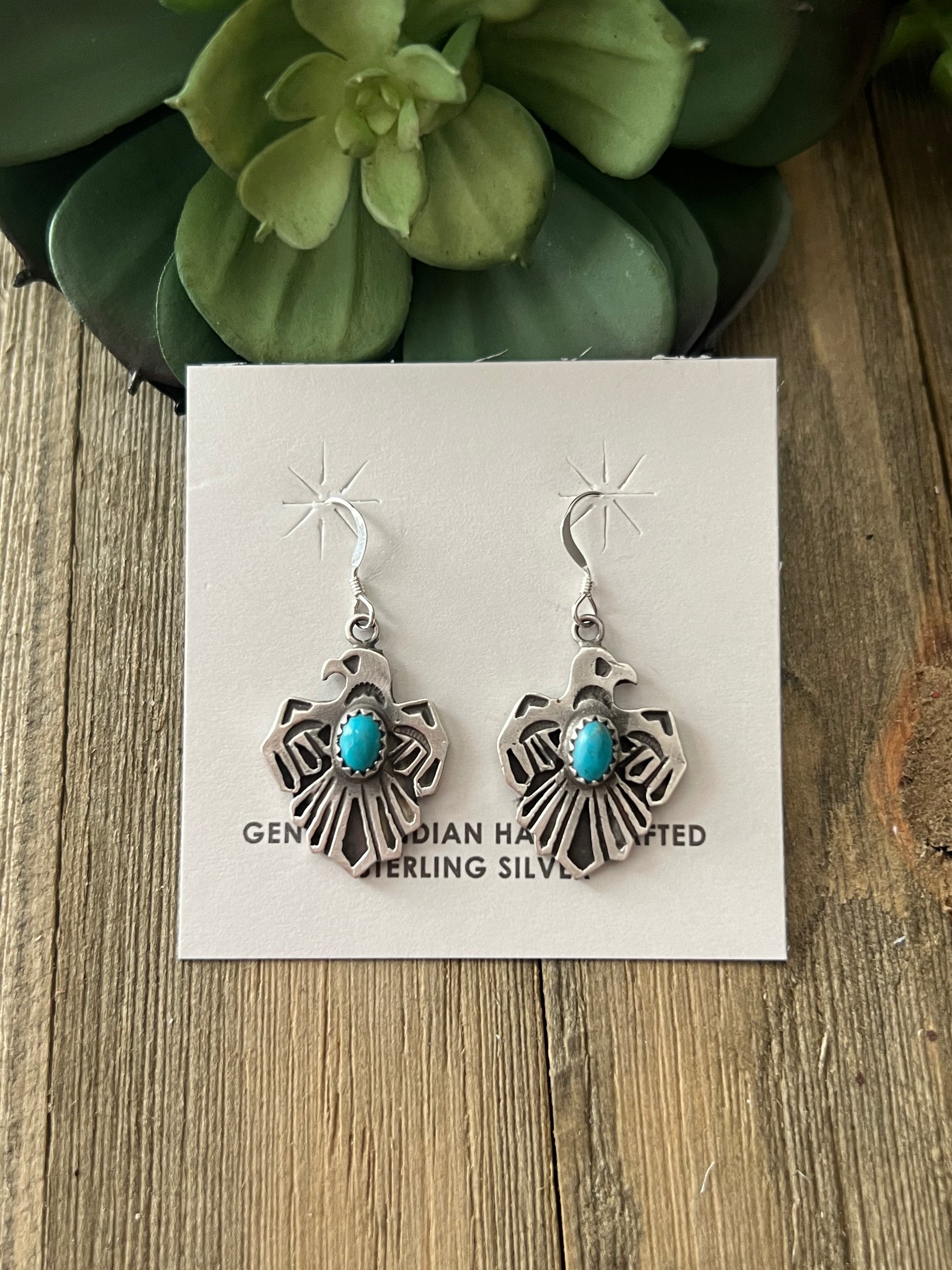 Genevieve Francisco Kingman Turquoise & Sterling Silver Thunderbird Dangle Earrings