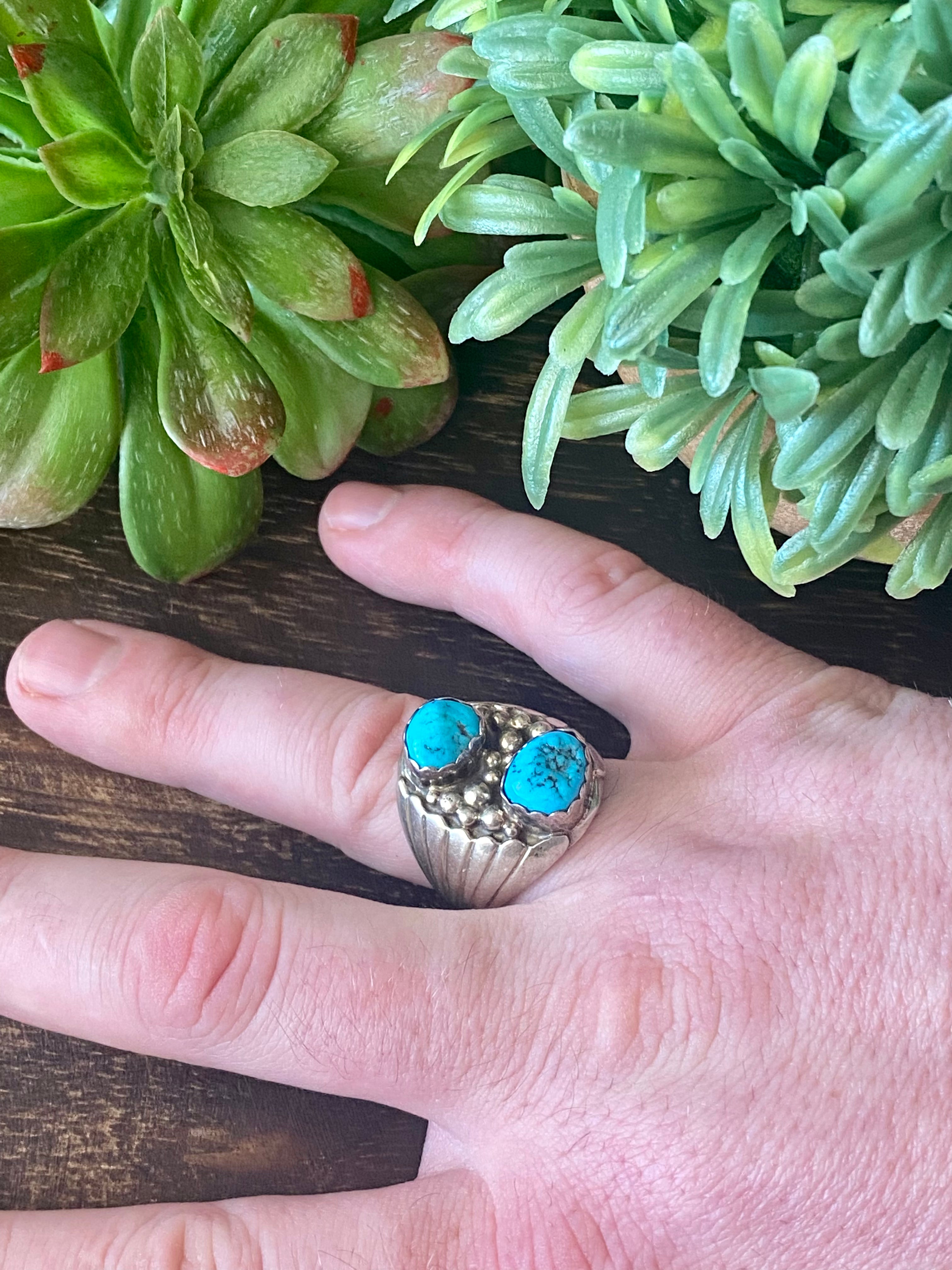 Navajo Made Kingman Turquoise & Sterling Silver Ring Size 10.5