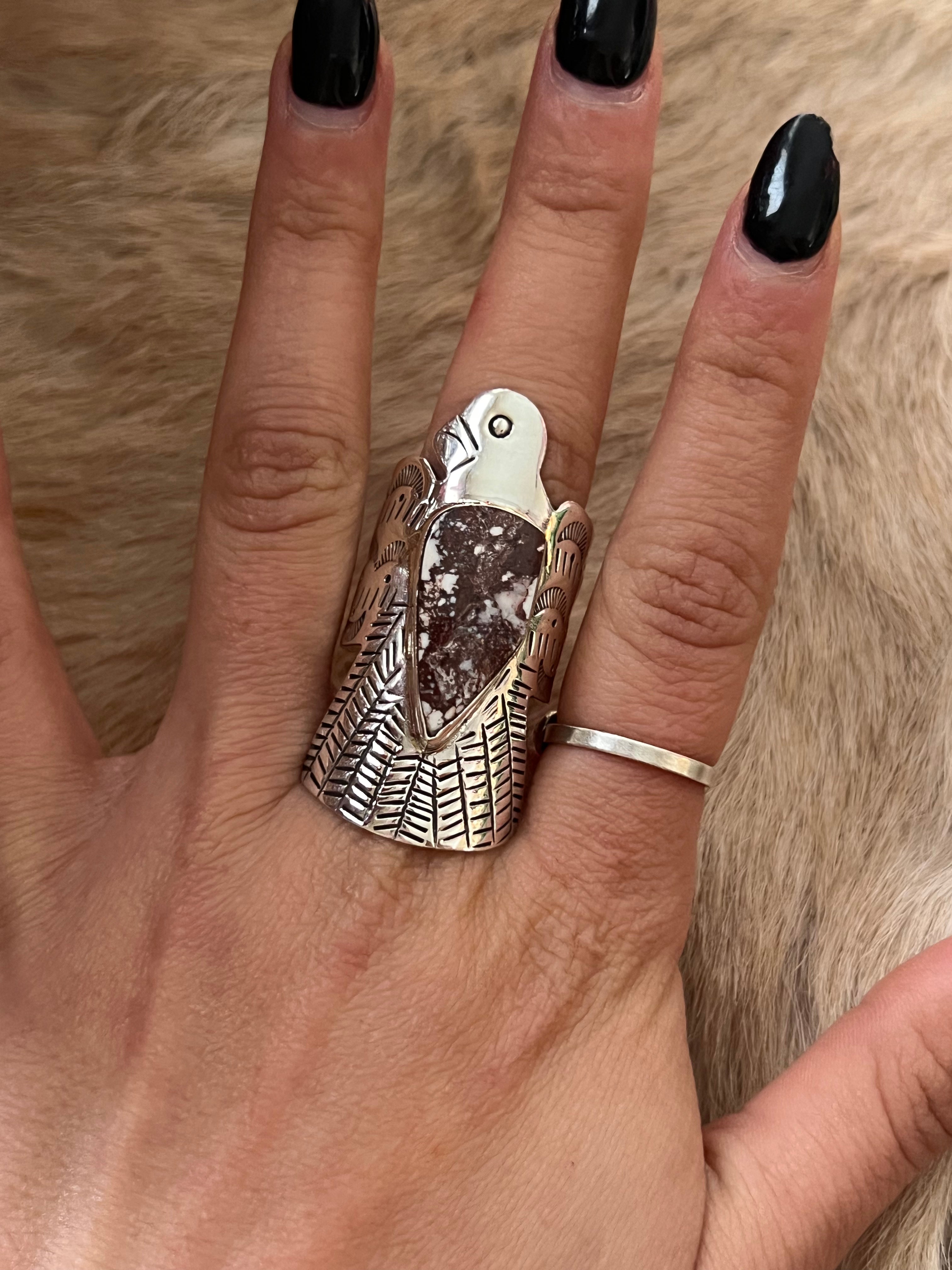 Navajo Made Wild Horse & Sterling Silver Thunderbird Ring Size 10.25