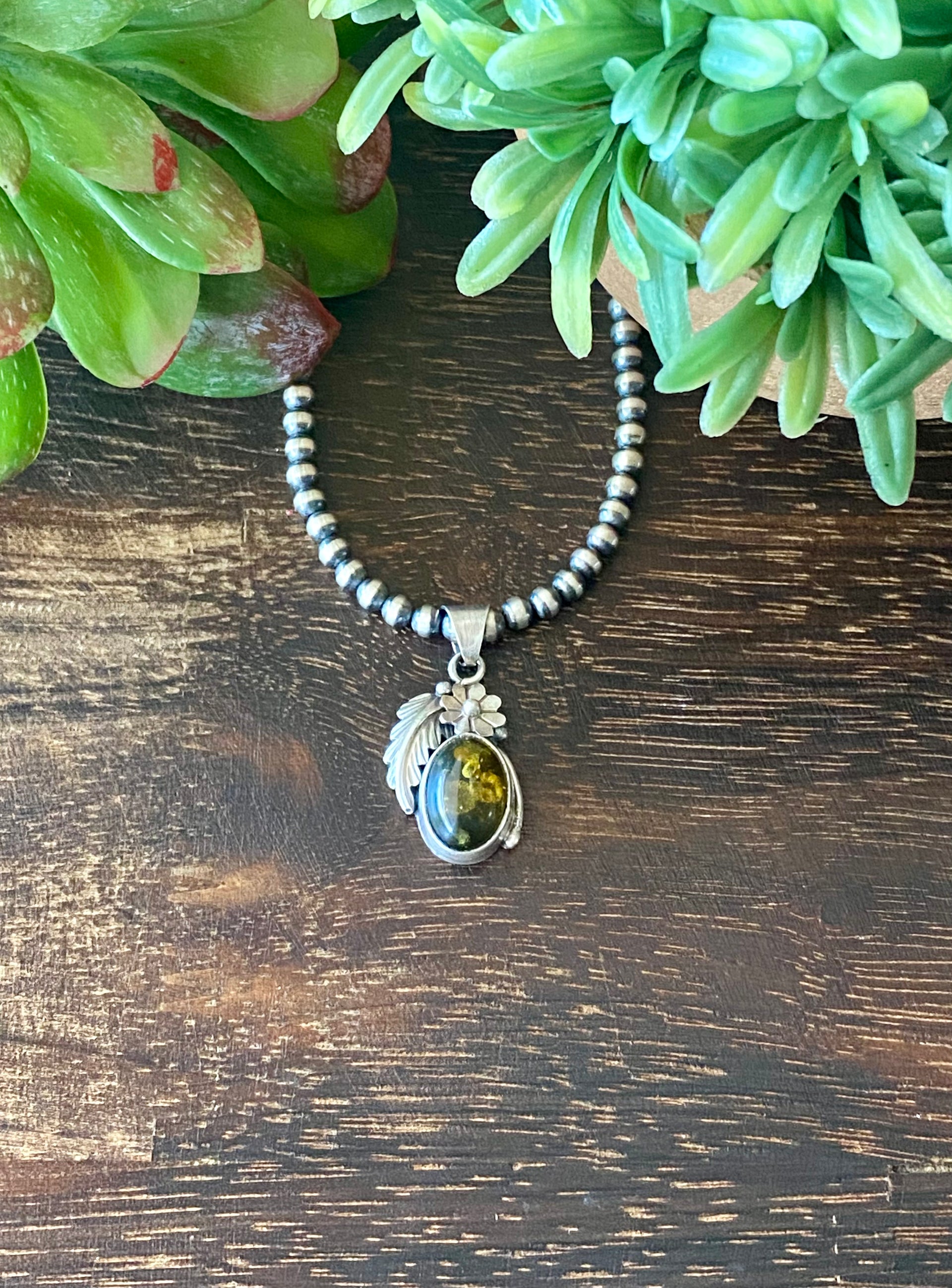 Navajo Made Amber & Sterling Silver Feather Pendant