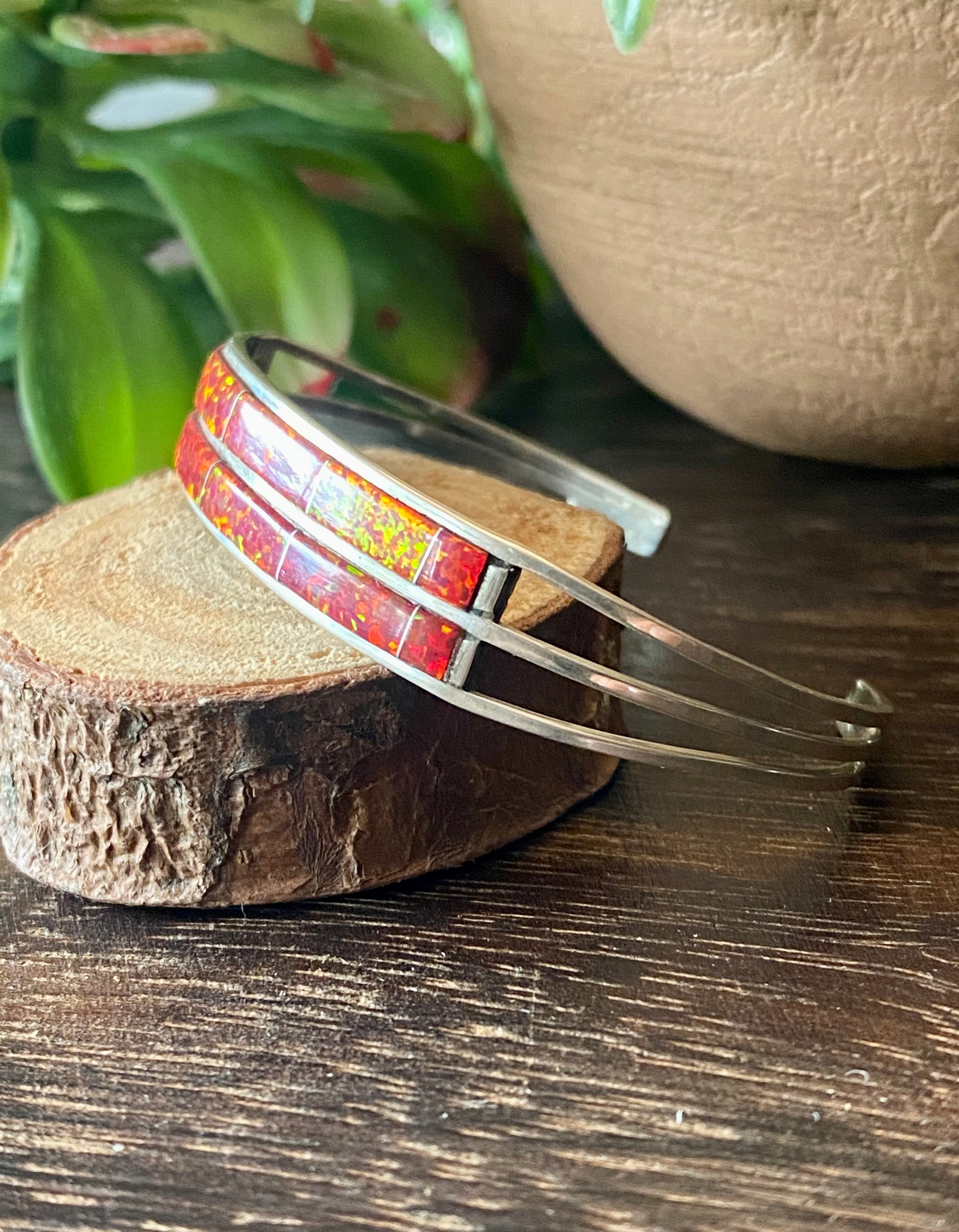 Navajo Made Red Opal & Sterling Silver Inlay Cuff Bracelet