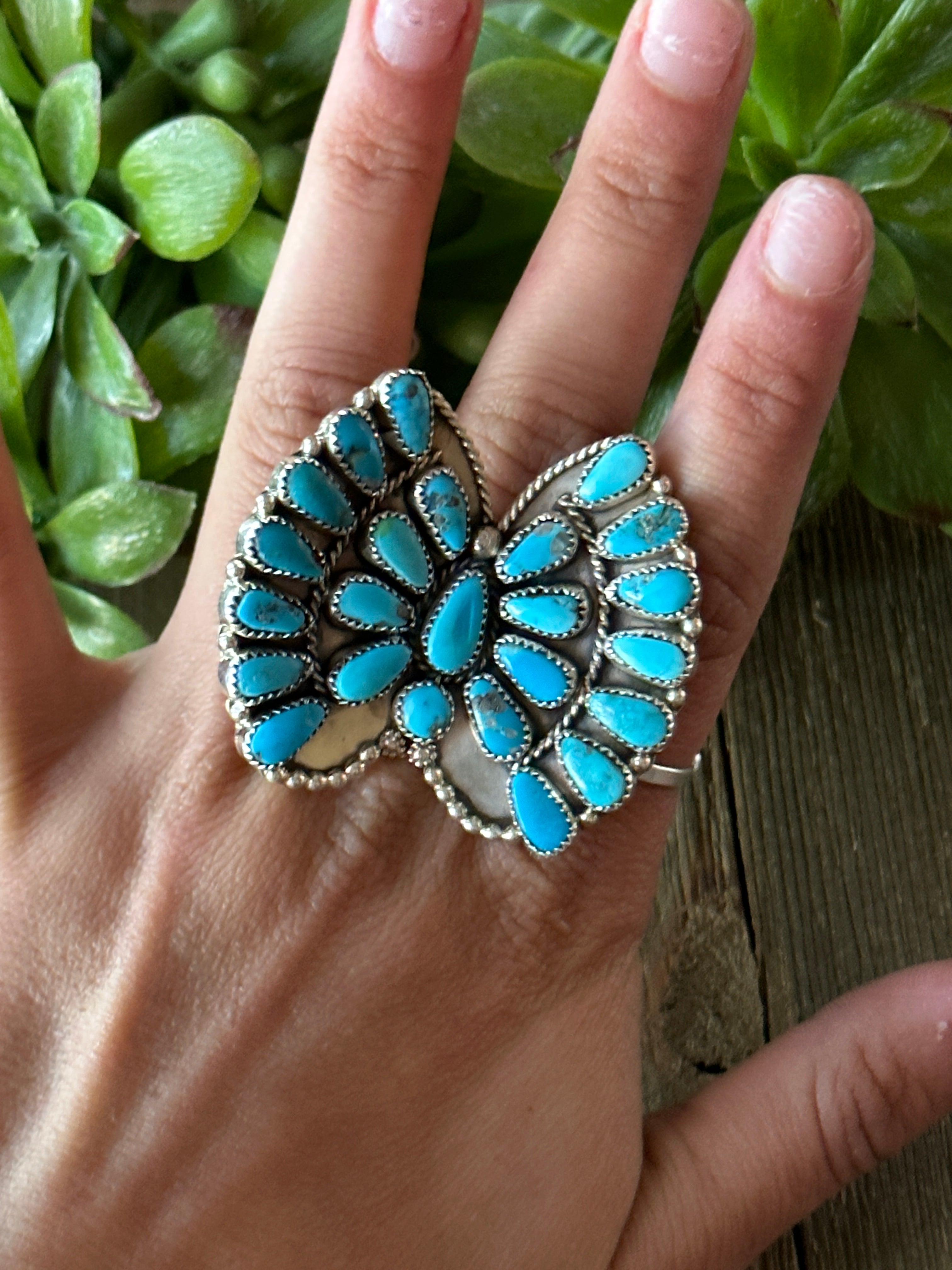 Navajo Made Kingman Turquoise & Sterling Silver Butterfly Cluster Adjustable Ring