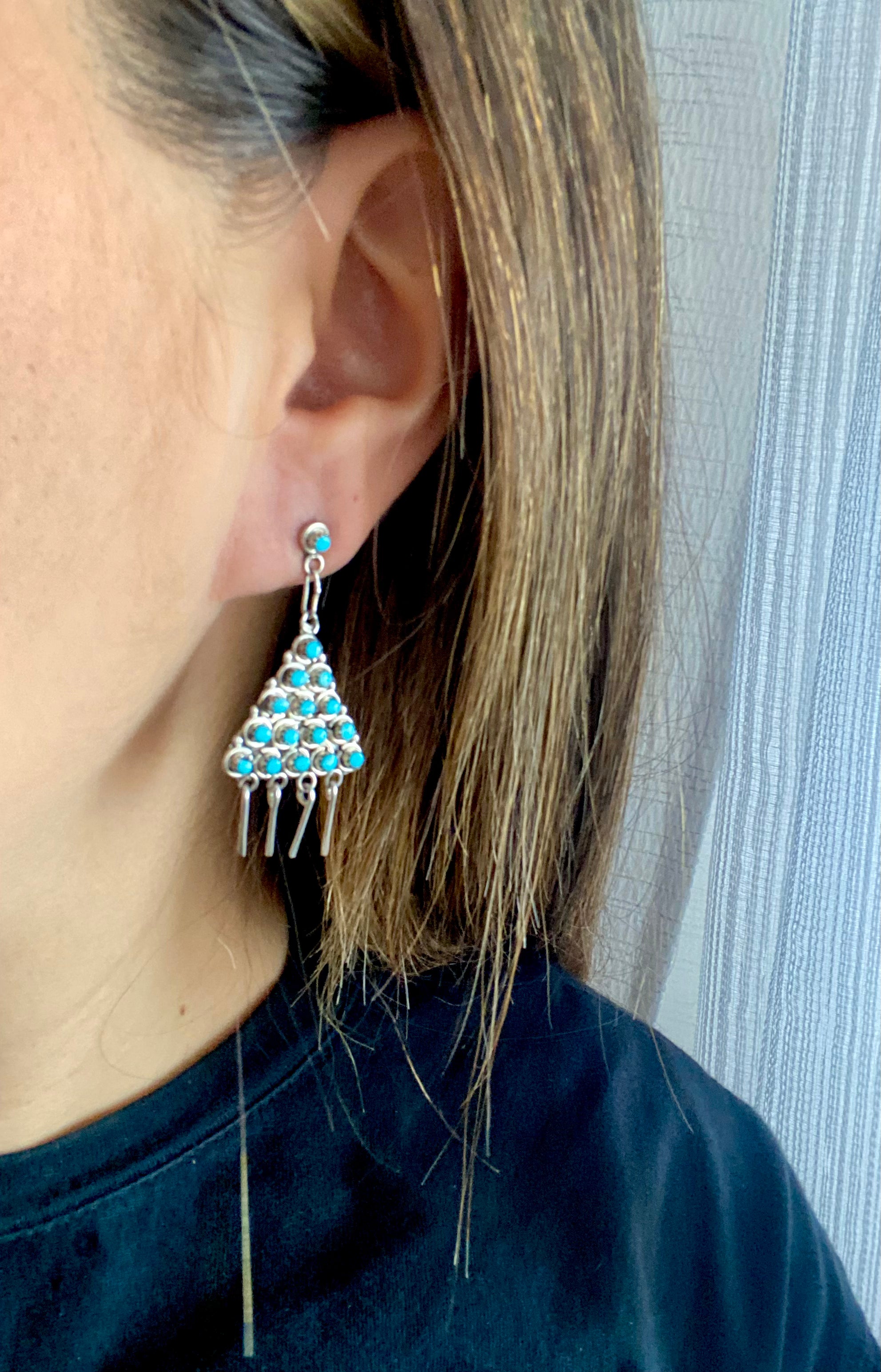 Zuni Made Turquoise & Sterling Silver Pettit Point Post Dangle Earrings