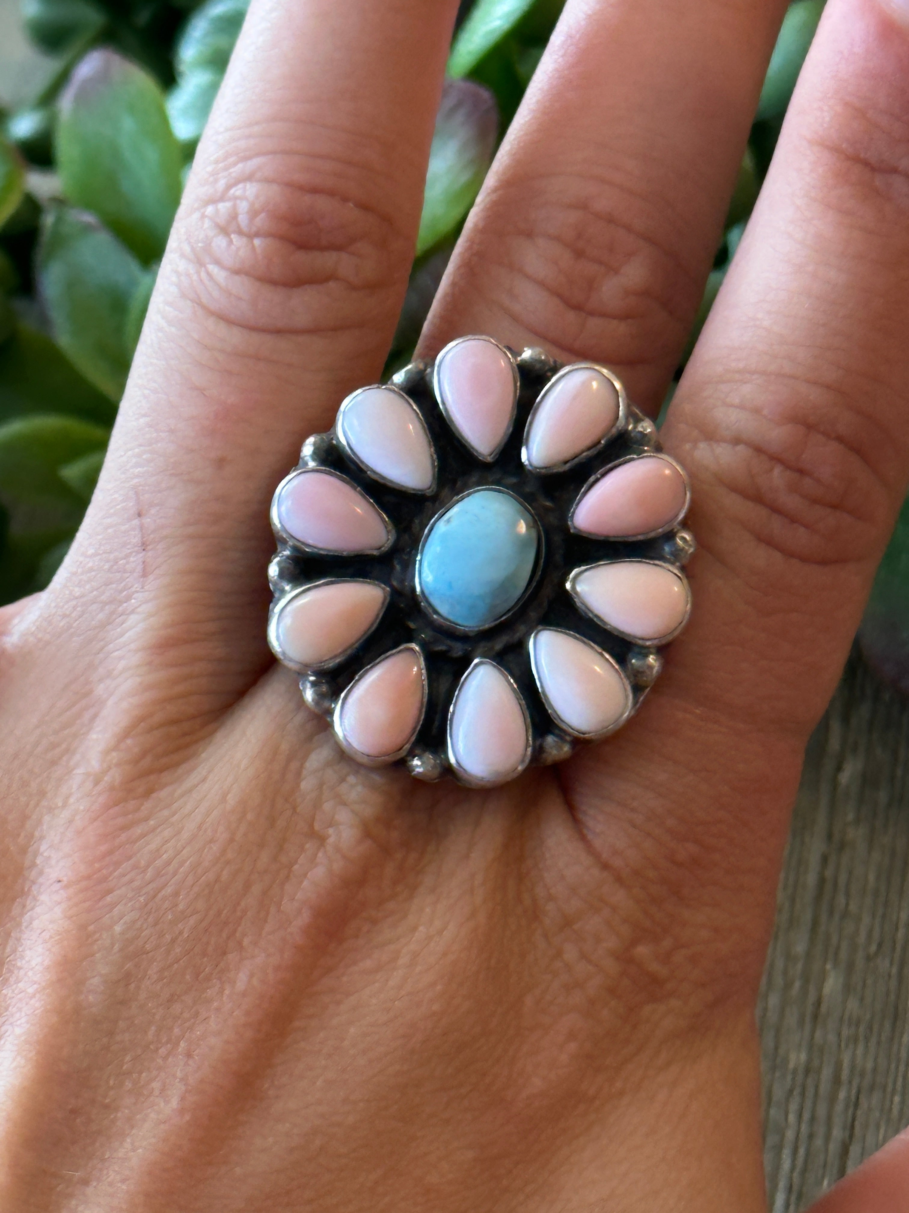 Navajo Made Golden Hill & Pink Conch & Sterling Silver Adjustable Cluster Ring