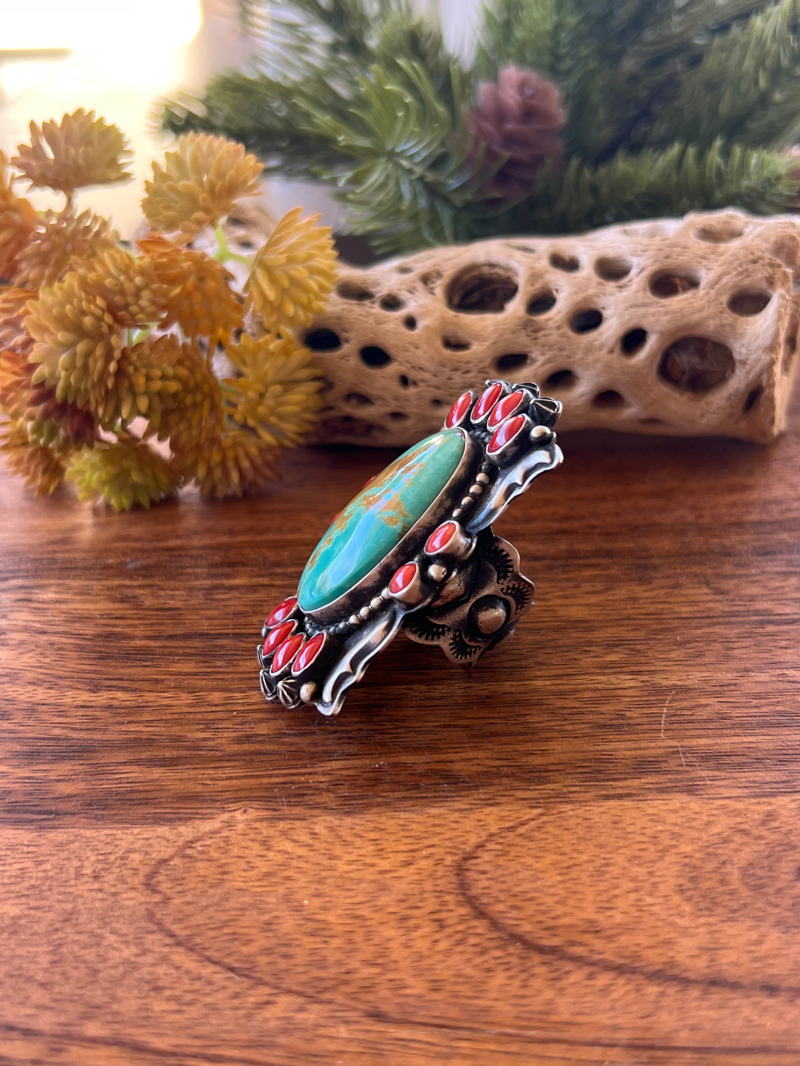 Shawn Cayatineto King Manassa Turquoise & Mediterranean Coral & Sterling Silver Ring Size 6.75