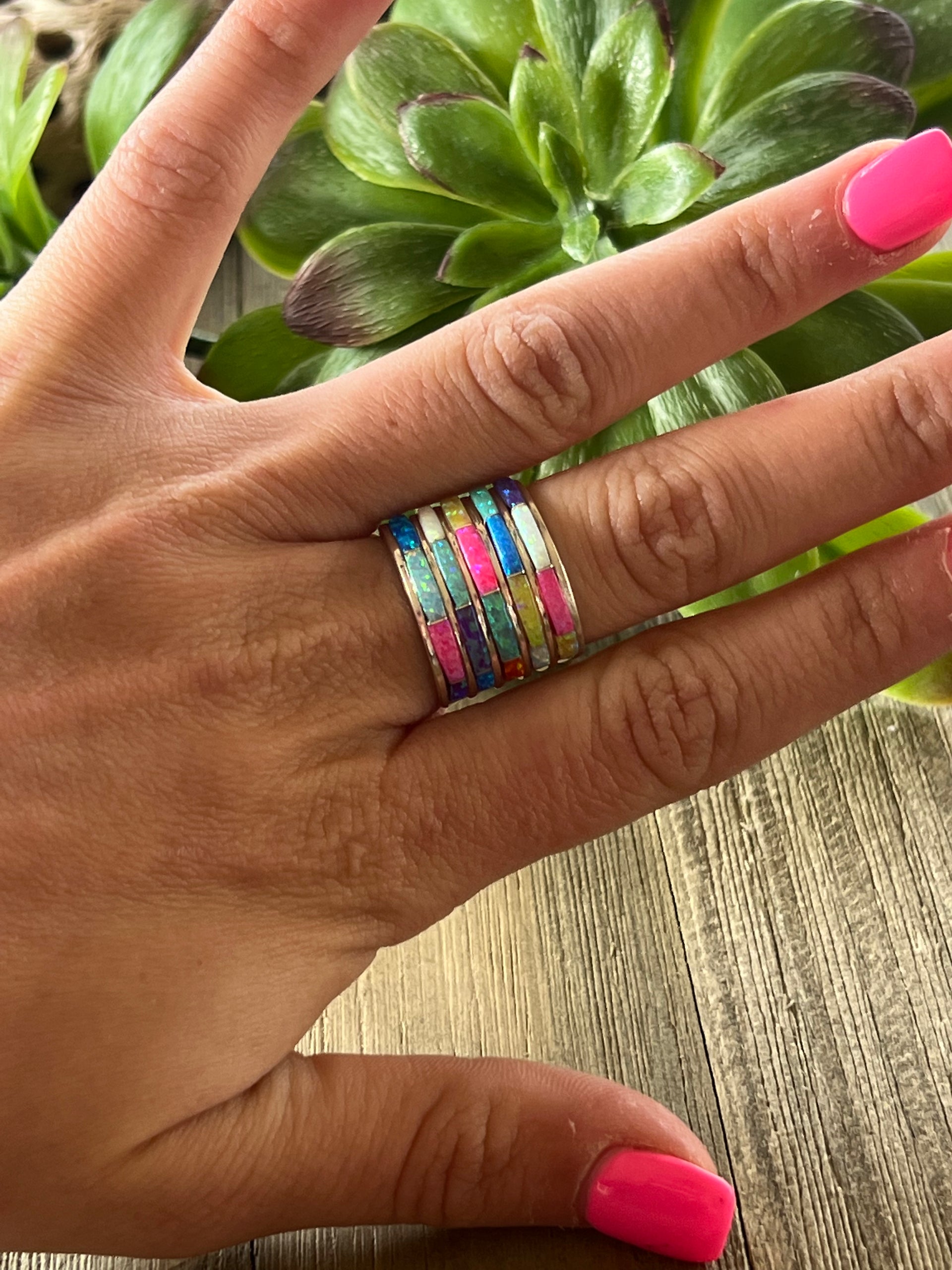 Zuni Made Multi Colored Opal (Man Made) & Sterling Silver Ring