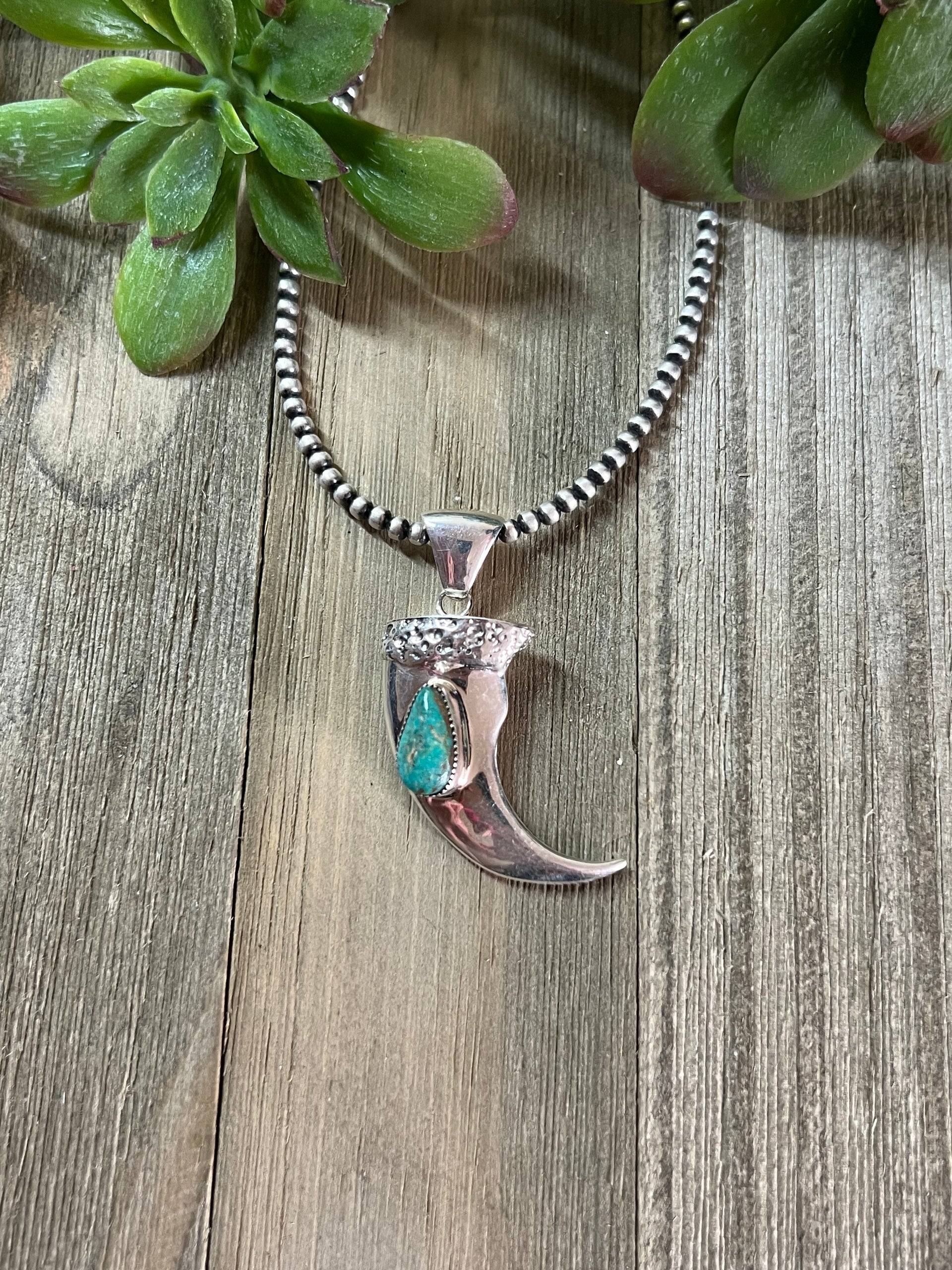Navajo Made Kingman Turquoise & Sterling Silver Claw Pendant