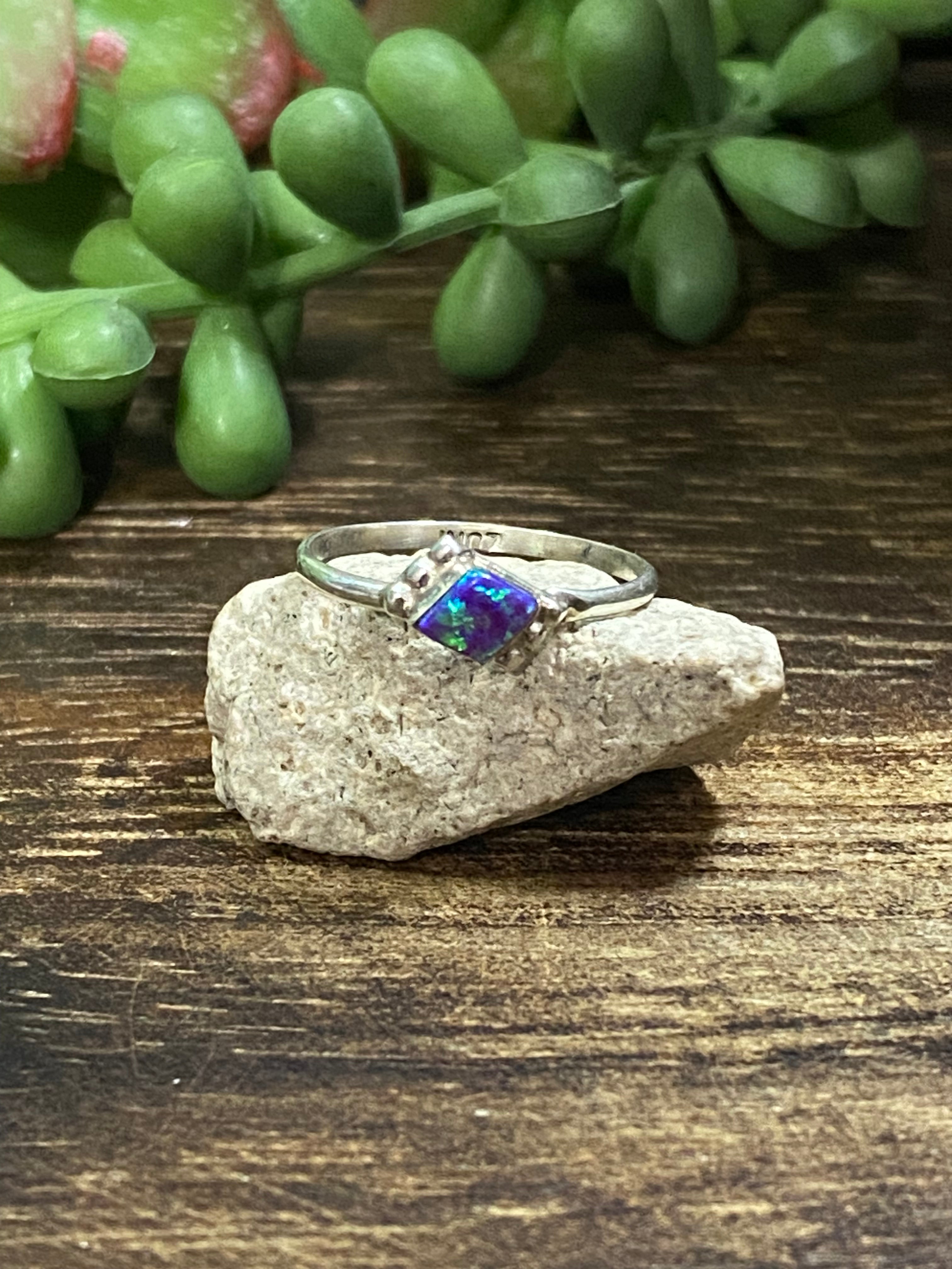 Navajo Made Purple Opal (Man-Made) & Sterling Silver Ring Size 5.5