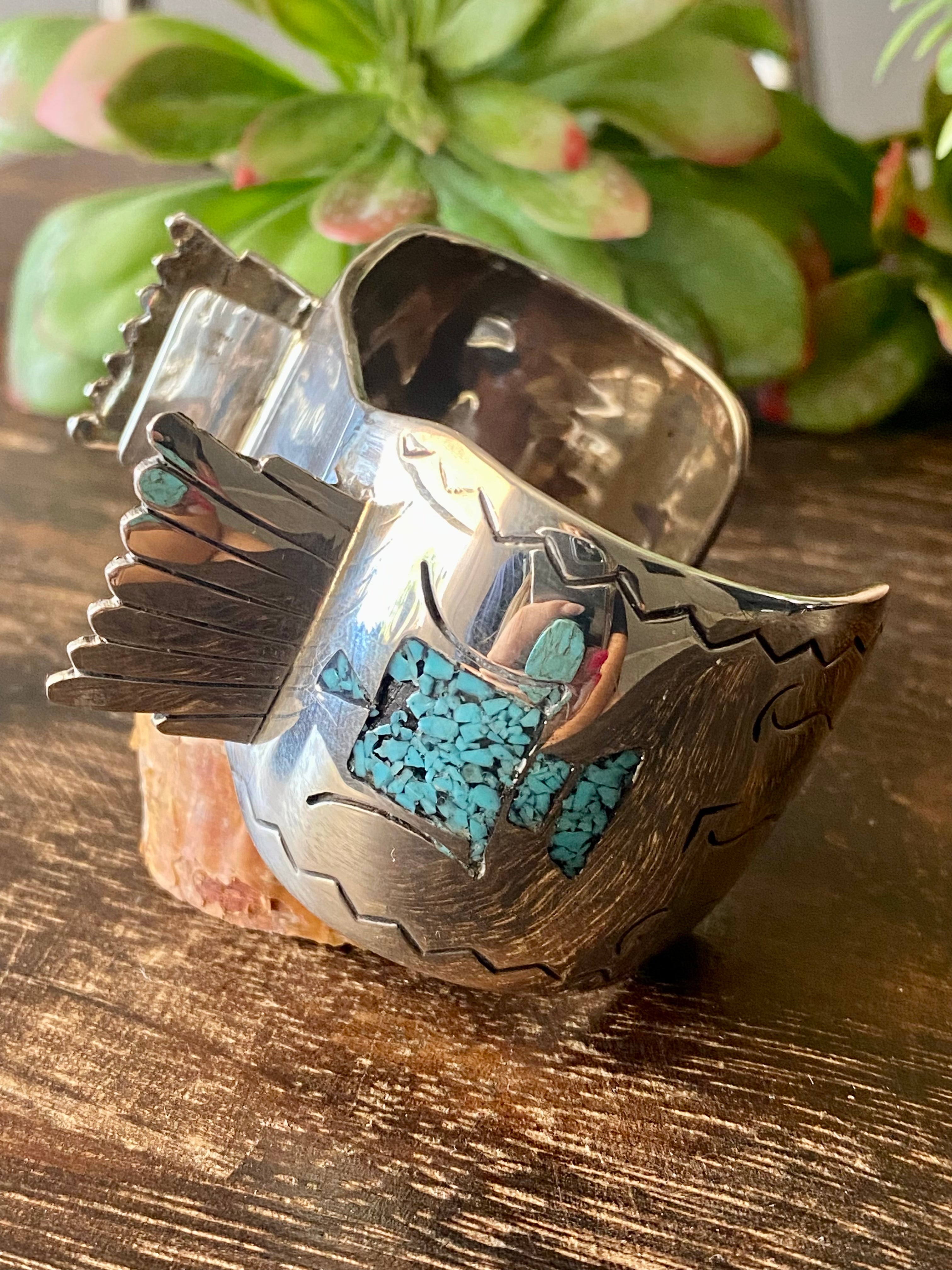 Vintage Navajo Made Turquoise & Coral Sterling Silver Watch Cuff Bracelet