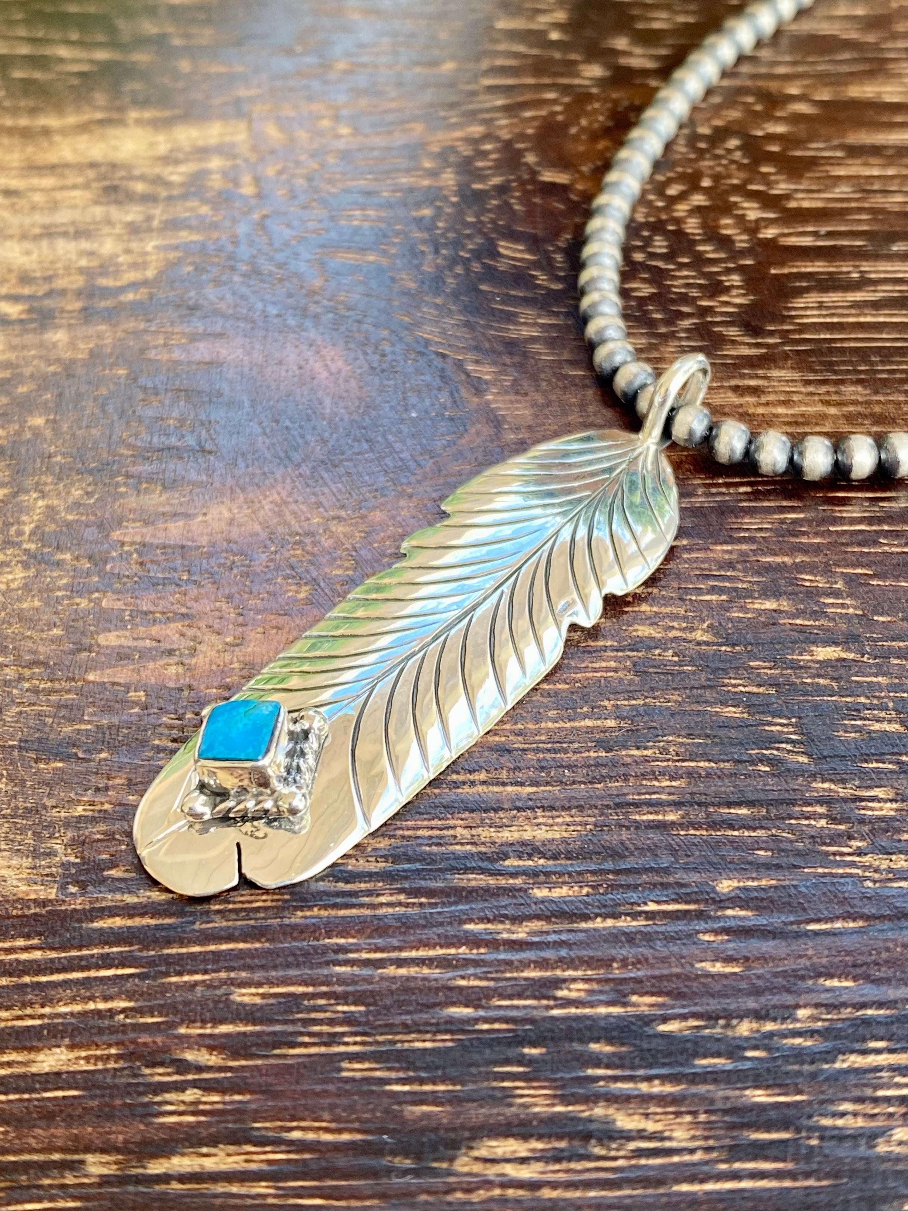 Navajo Made Turquoise & Sterling Silver Feather Pendant