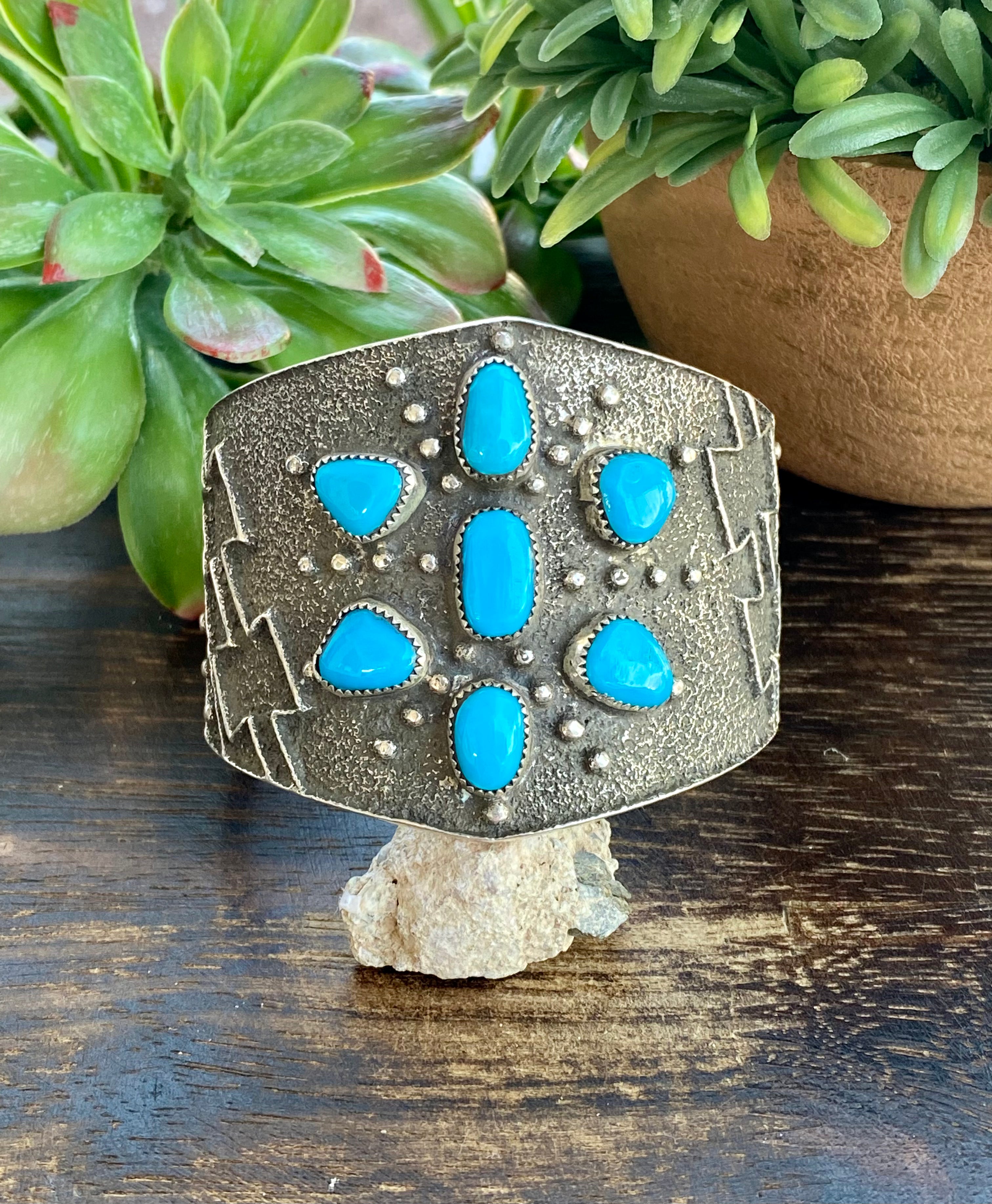 Delbert Arviso High Grade Sleeping Beauty Turquoise & Sterling Silver Tufa Cast Cuff Bracelet