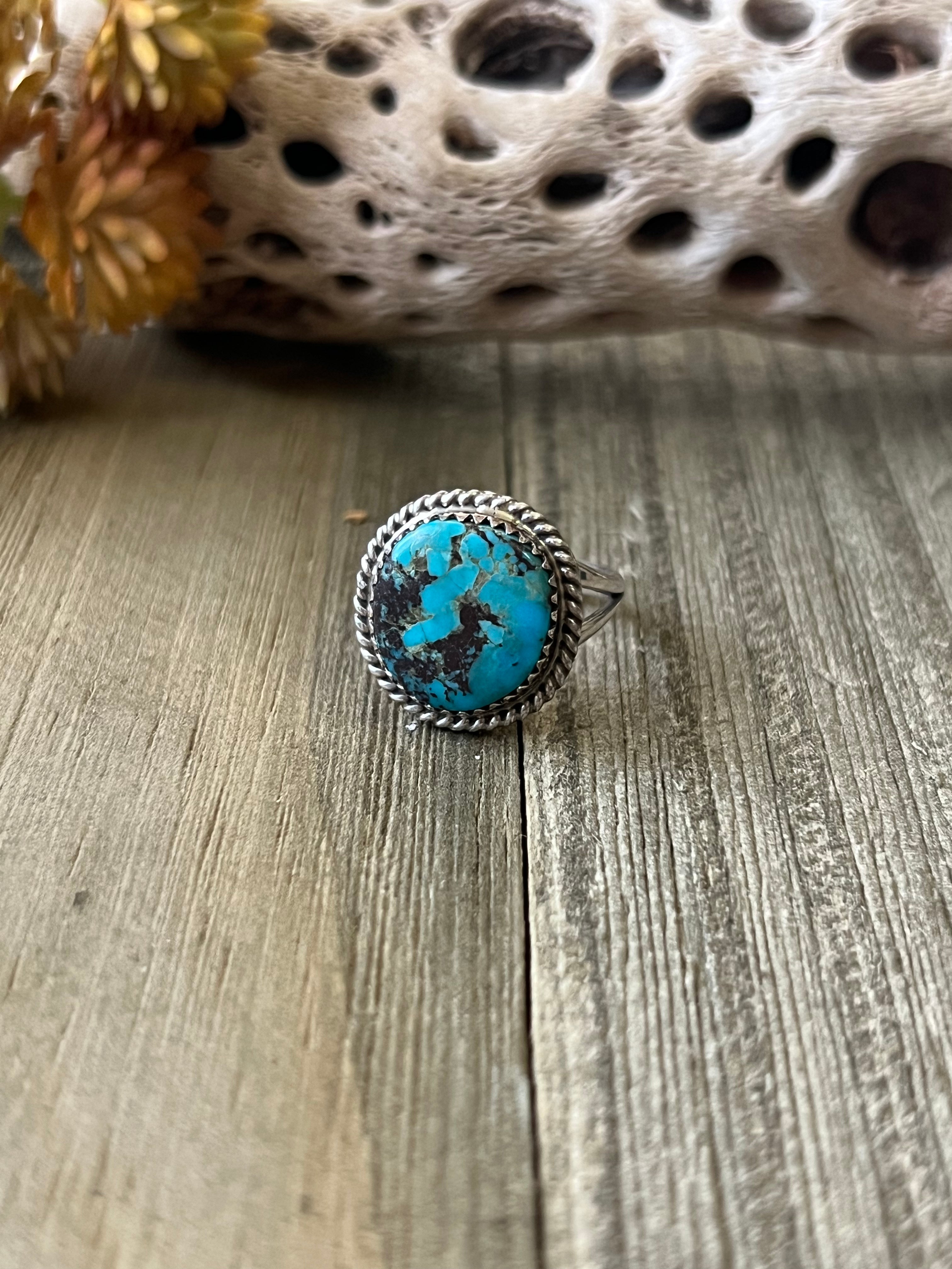 Navajo Made Kingman Turquoise & Sterling Silver Ring Size 8.25