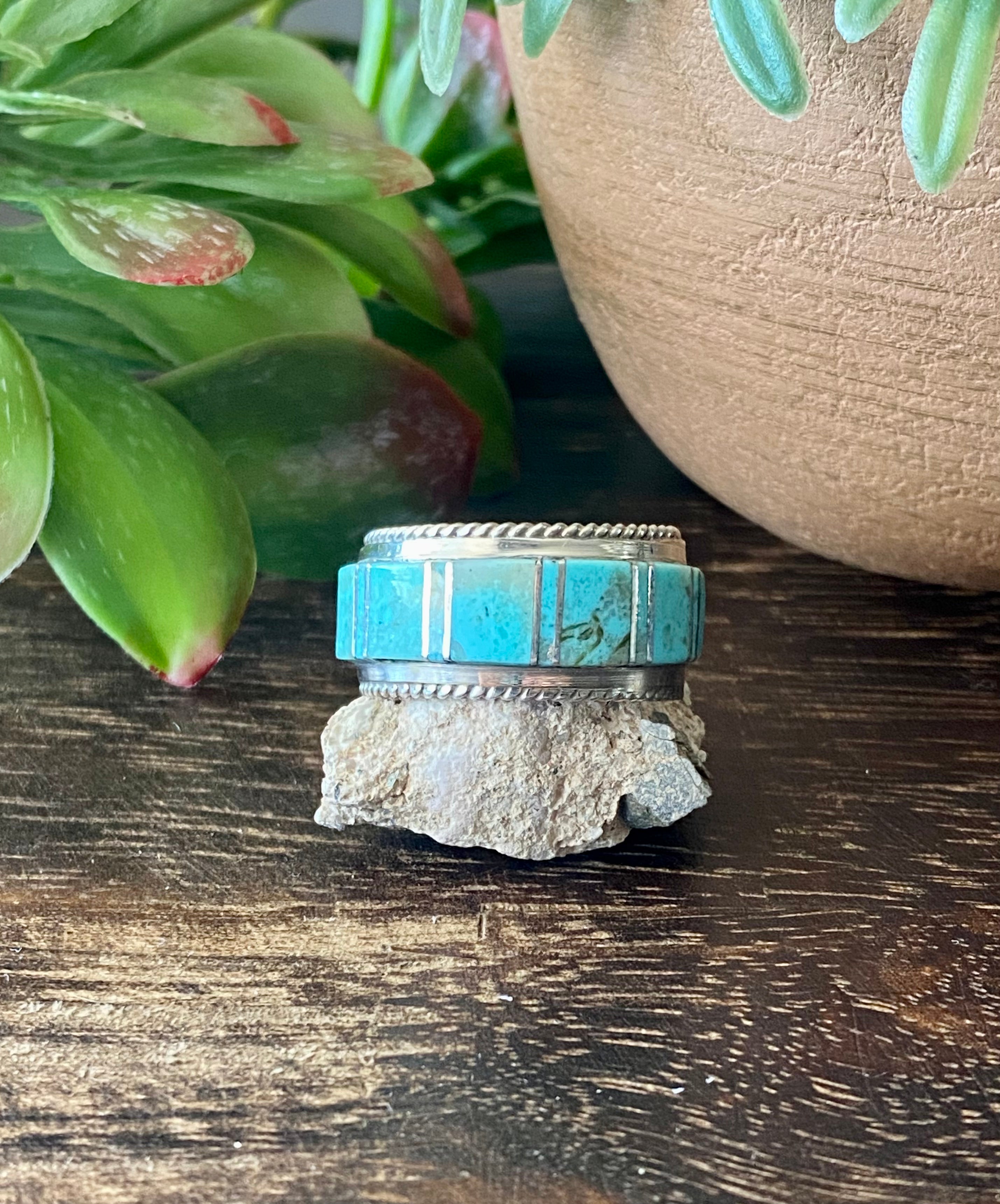 Navajo Made Kingman Turquoise & Sterling Silver Inlay Ring Size 11.5