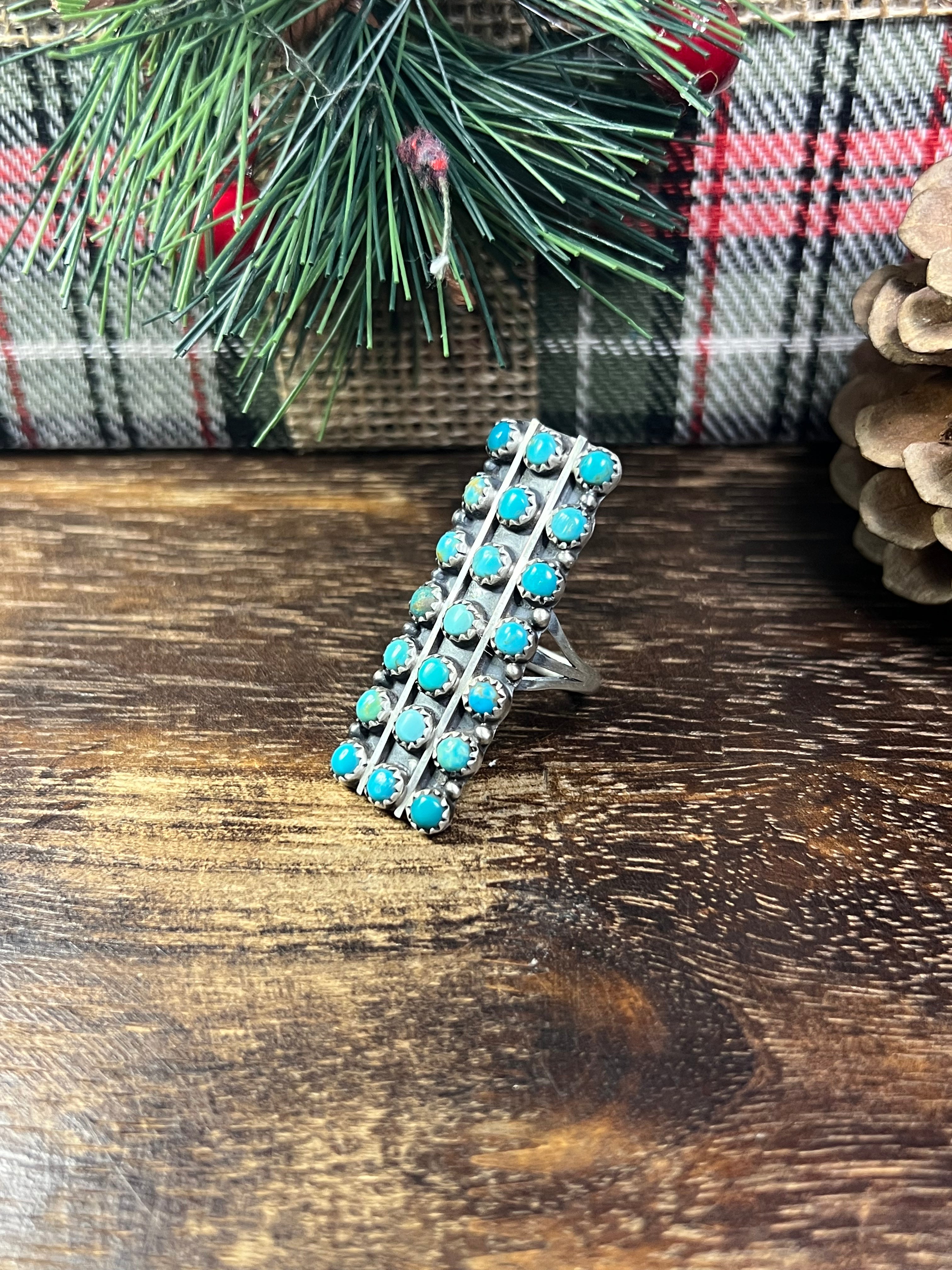 Navajo Made Kingman Turquoise & Sterling Silver Cluster Ring Size 9.25